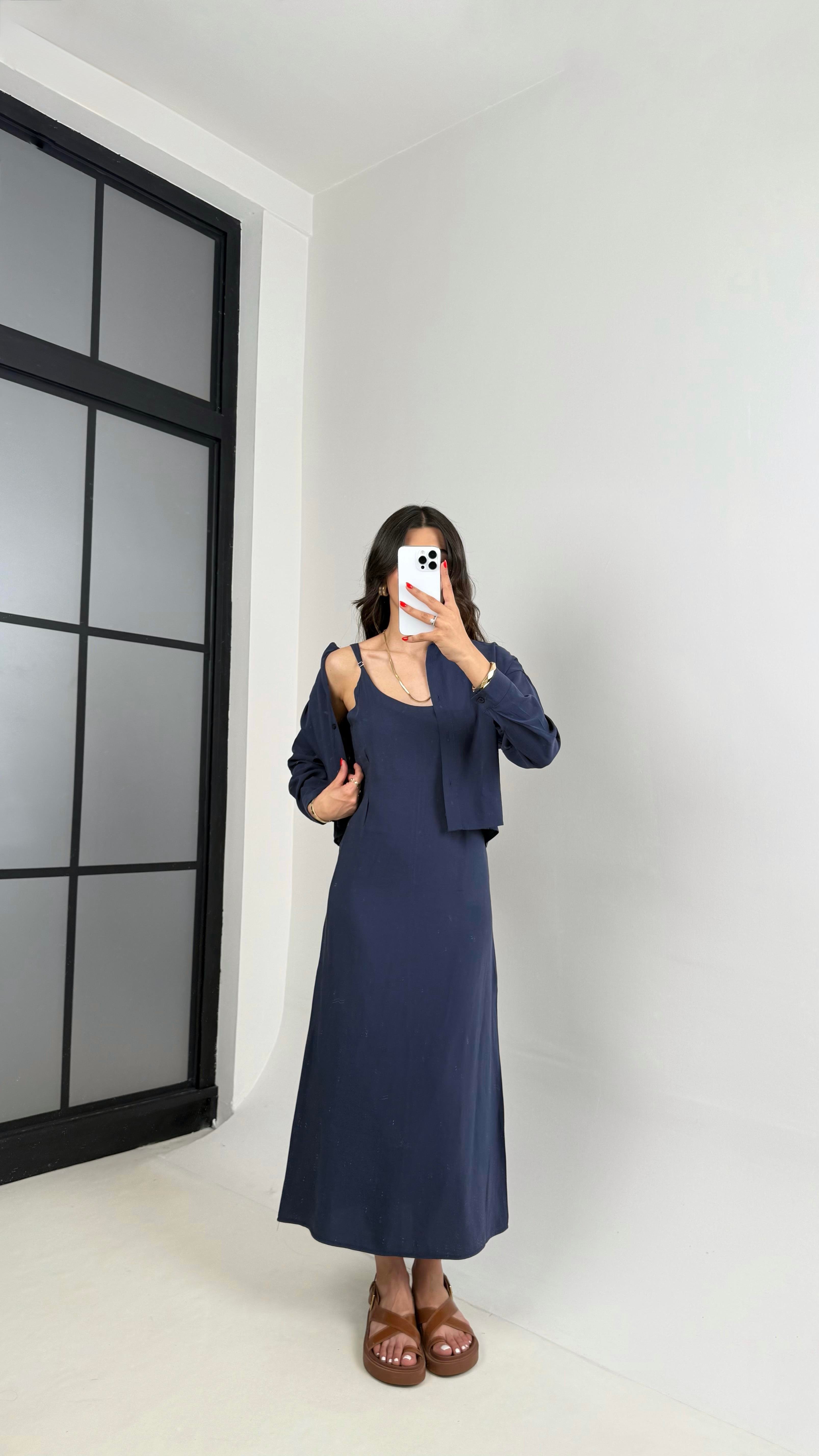 Lacivert Ayarlanabilir Askılı Elbise Gömlek İkili Tensel Takım Gaus00467GausTAKIMGU1002096