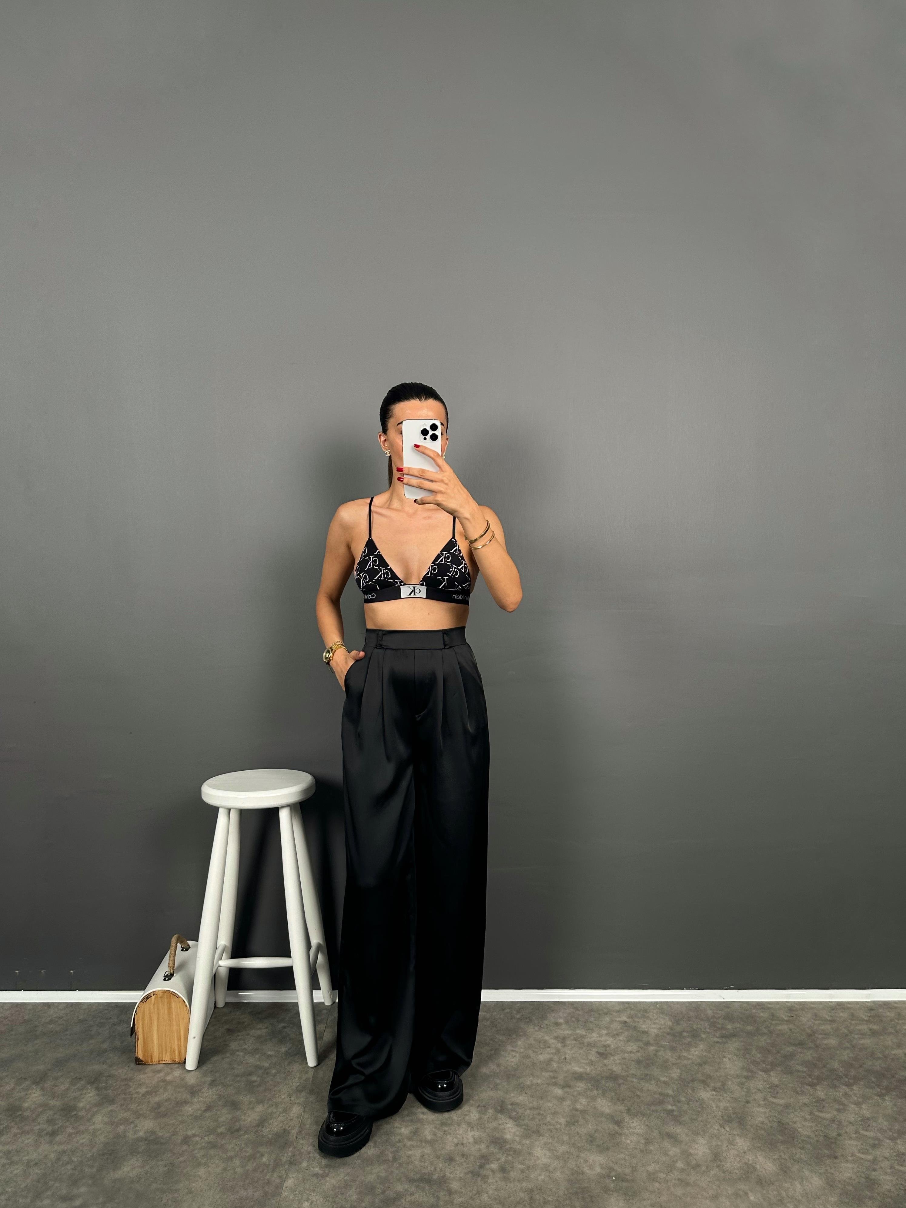 Rita Siyah Beli Lastikli Cep Detaylı Saten PantolonGausPANTOLONGU008917