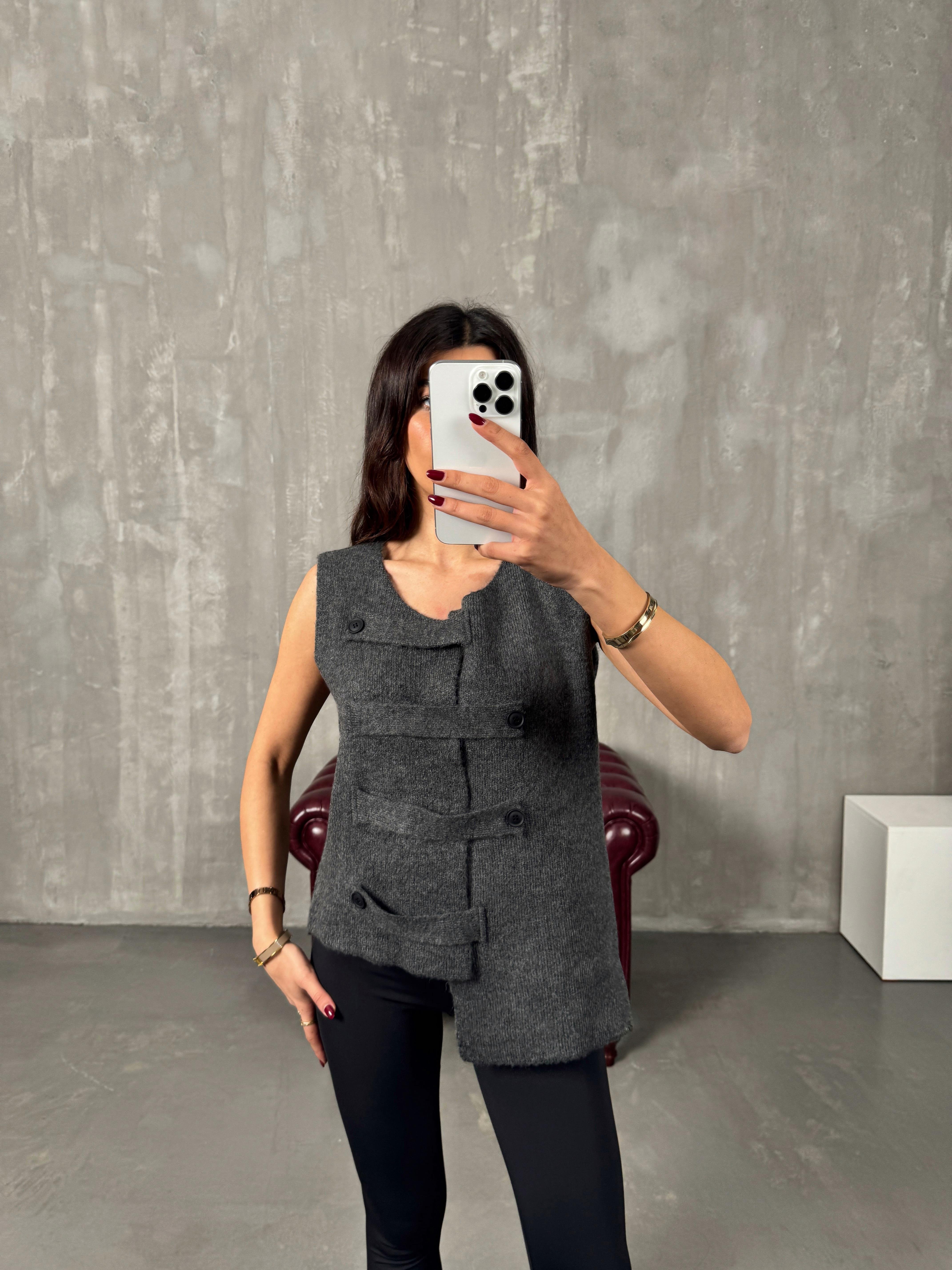 Rego Antrasit Düğme Bağlamalı Yelek Hırka