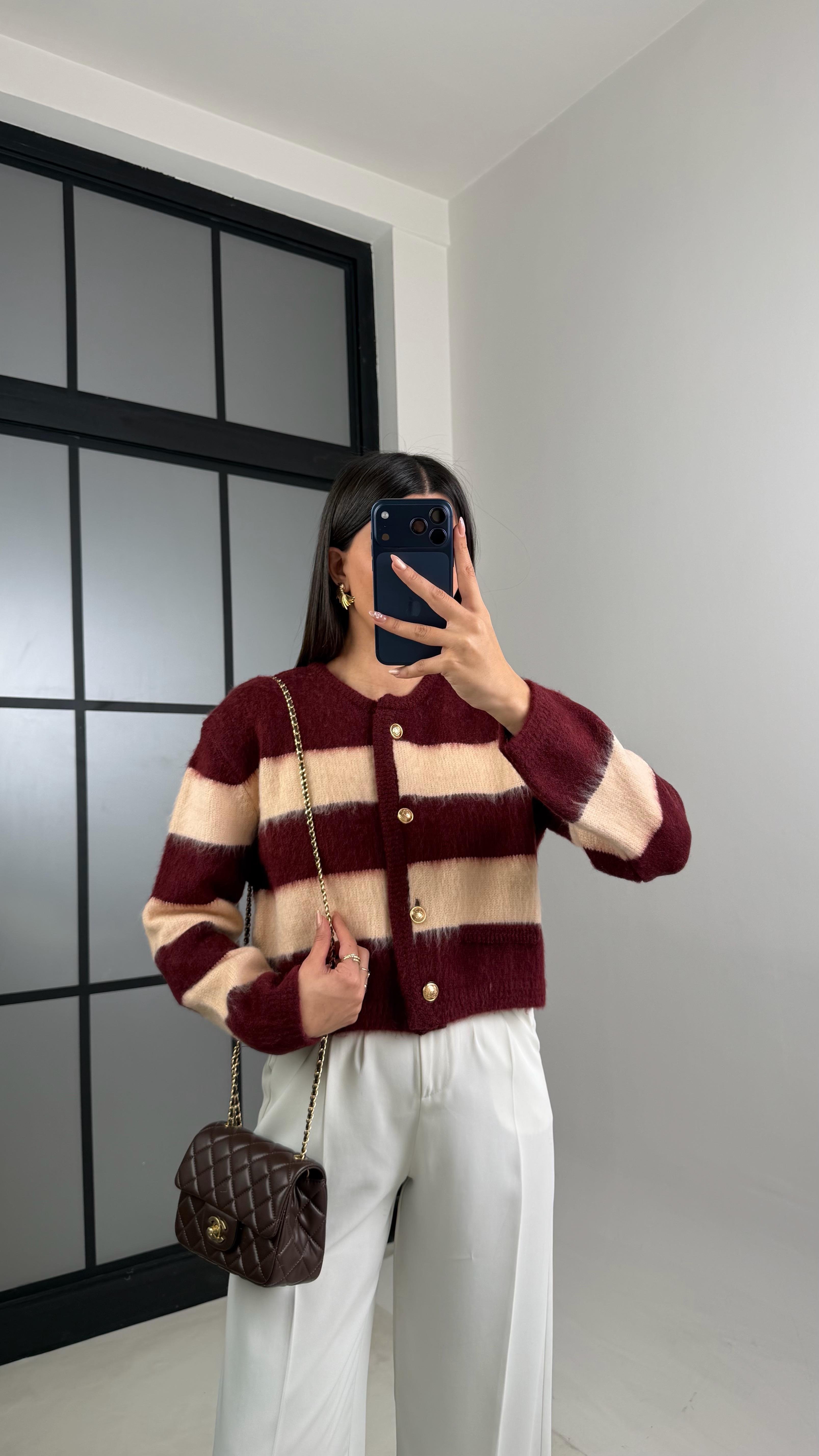 Bordo Gold Düğmeli Şeritli Triko Hırka GAUS-00859GAUSHIRKAGAUS-00859