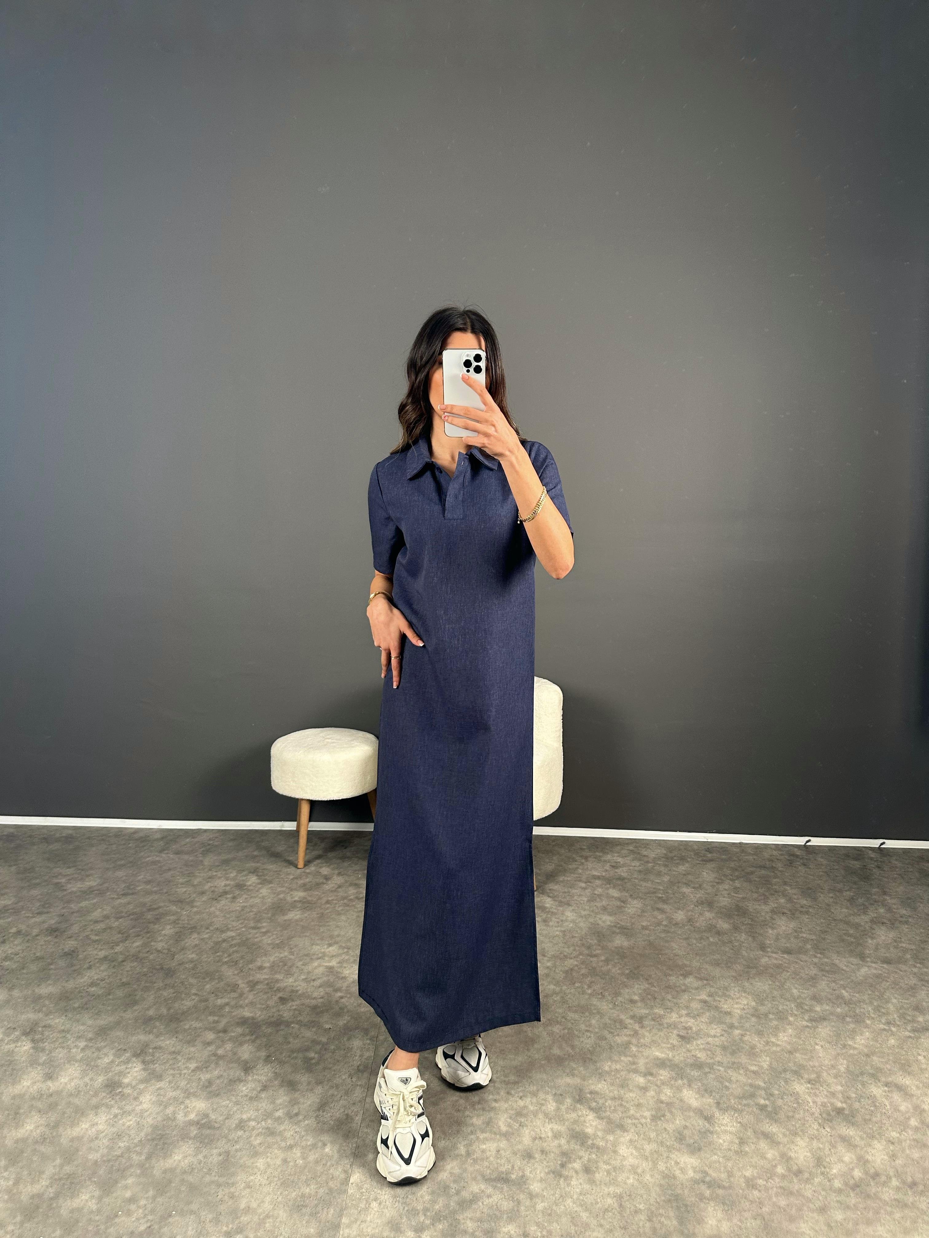 Lacivert Maxi Boy Polo Yaka Yırtmaçlı Elbise GausELBİSEGU004597