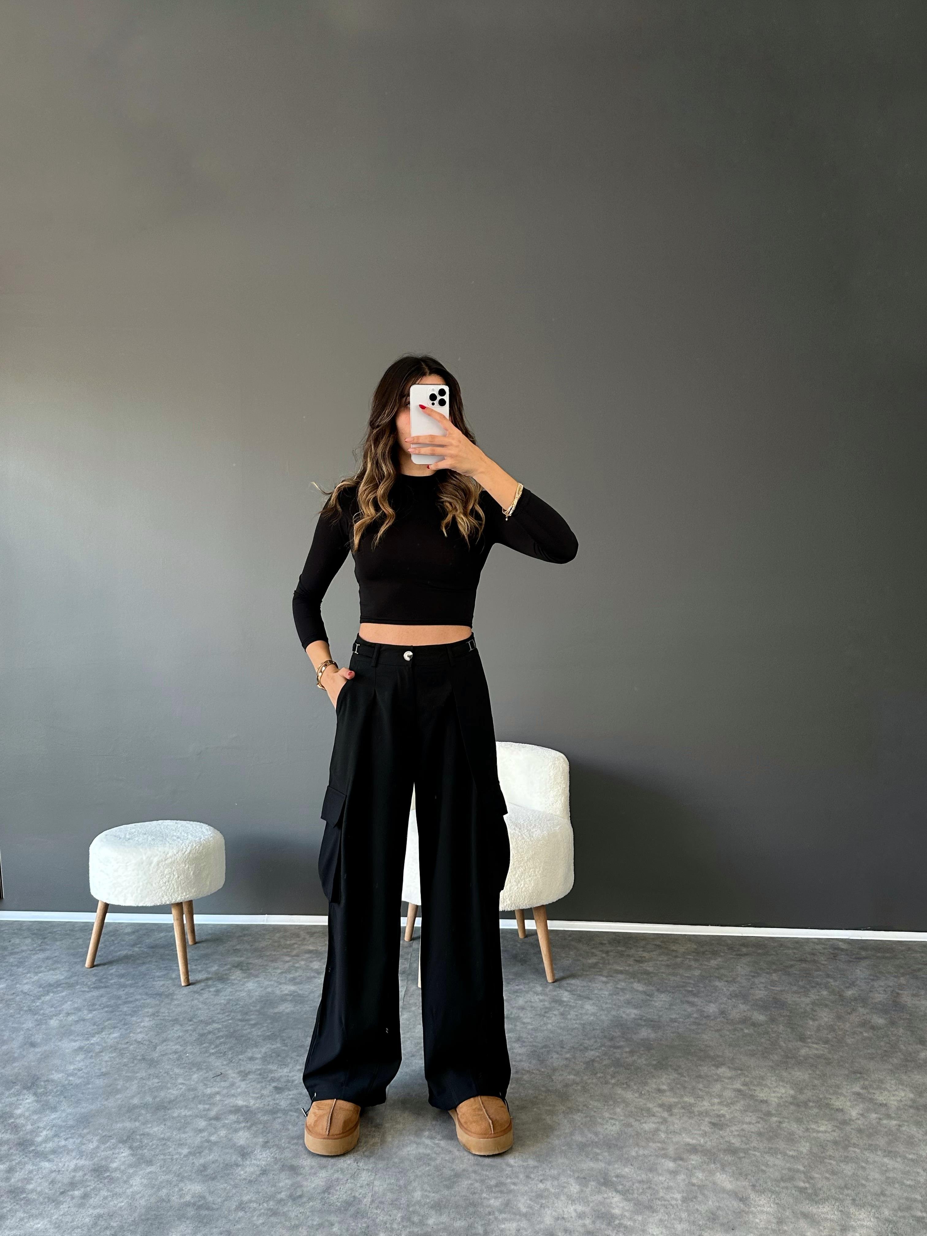 Roy Siyah Kargo Cepli Pensli Pantolon GausPANTOLONGU002481