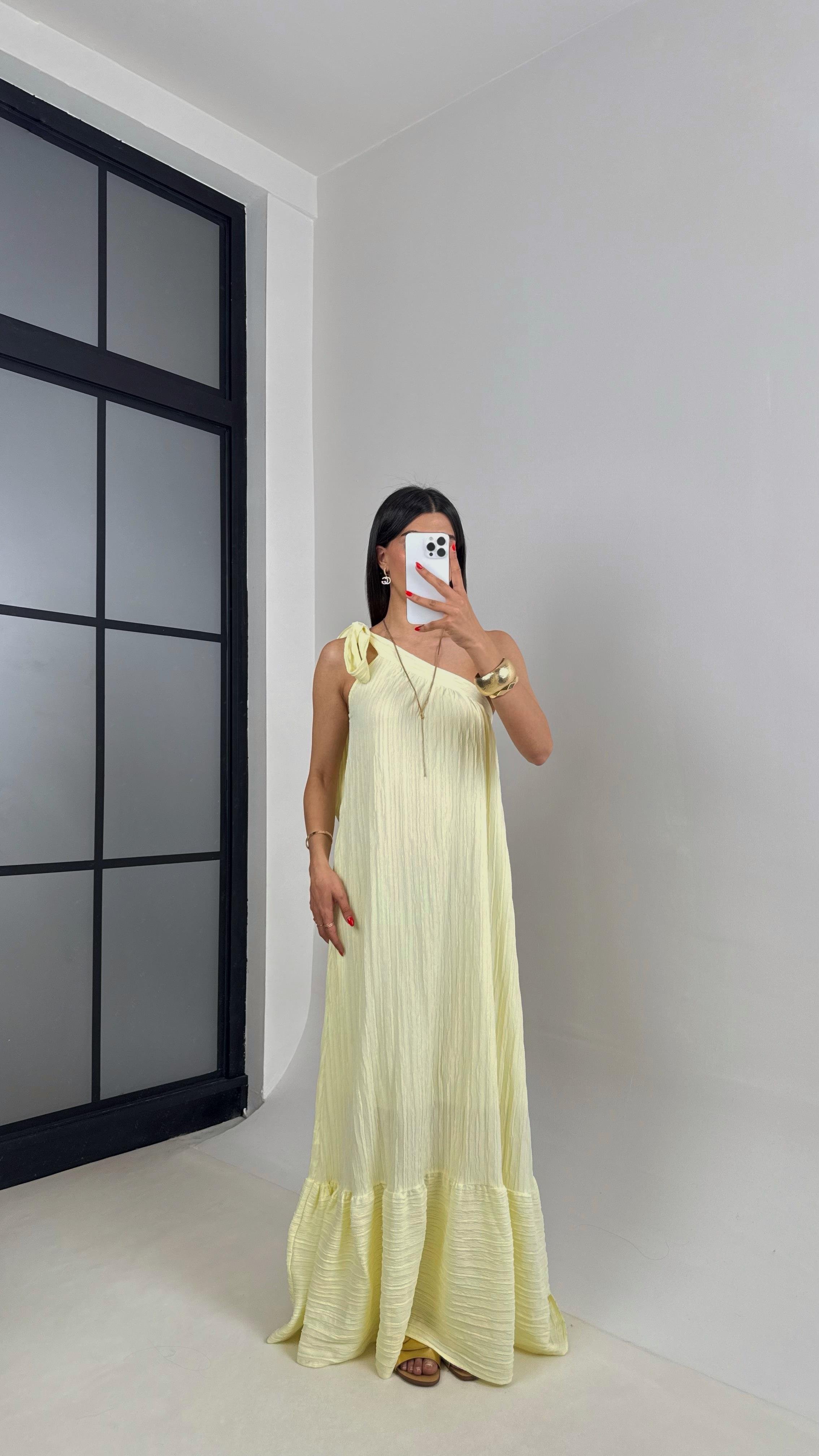 Sarı Tek Omuz Astarlı Gofre Kumaş Elbise Gaus00497 GausELBİSEGU1002163