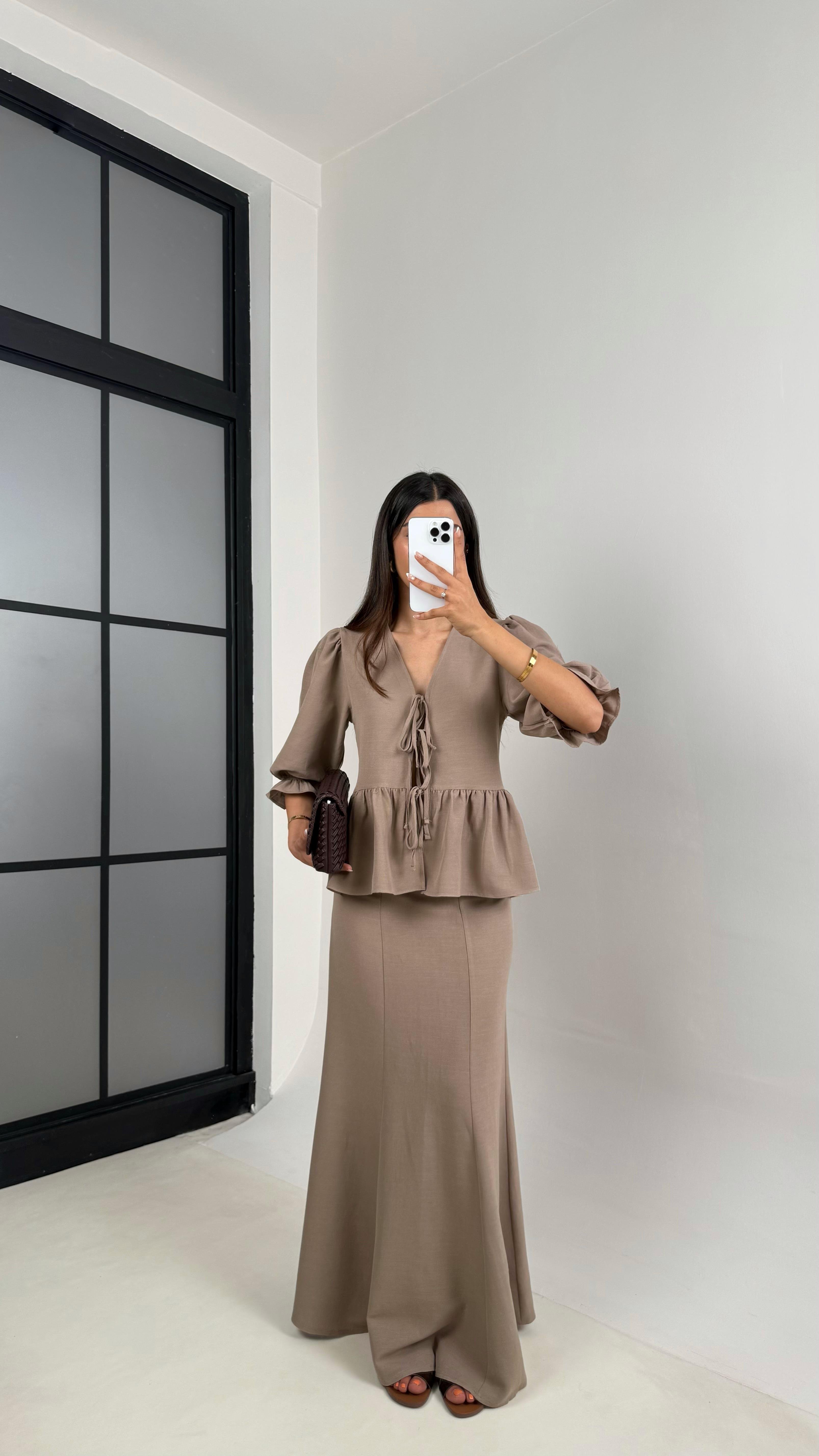 Vizon Önden Bağlama Detaylı Balon Kol Bluz Etek İkili Pinterest Keten Takım Gaus00570 GausTAKIMGU1002331