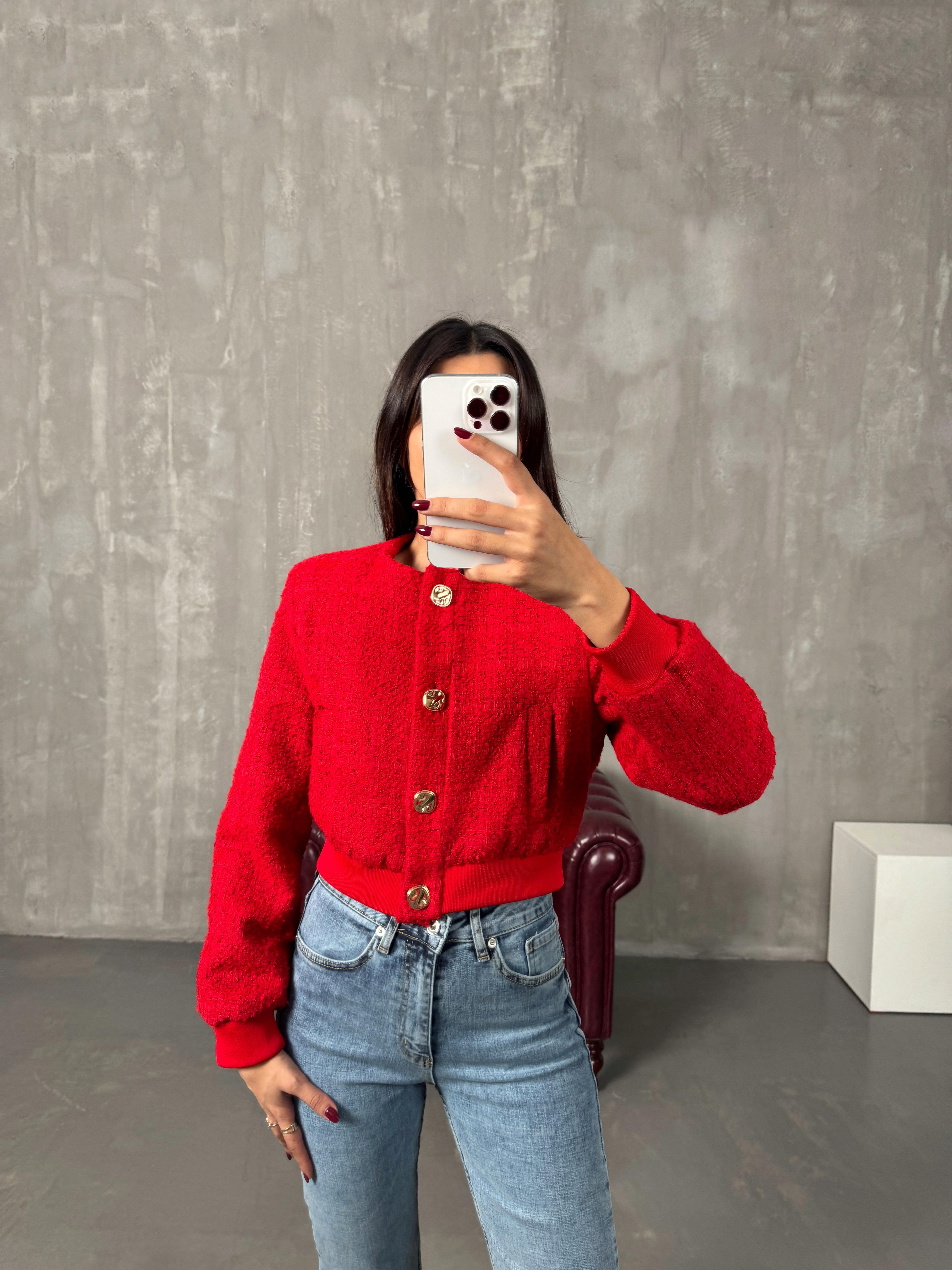 Suzi Kırmızı Tüvit Kısa Ceket