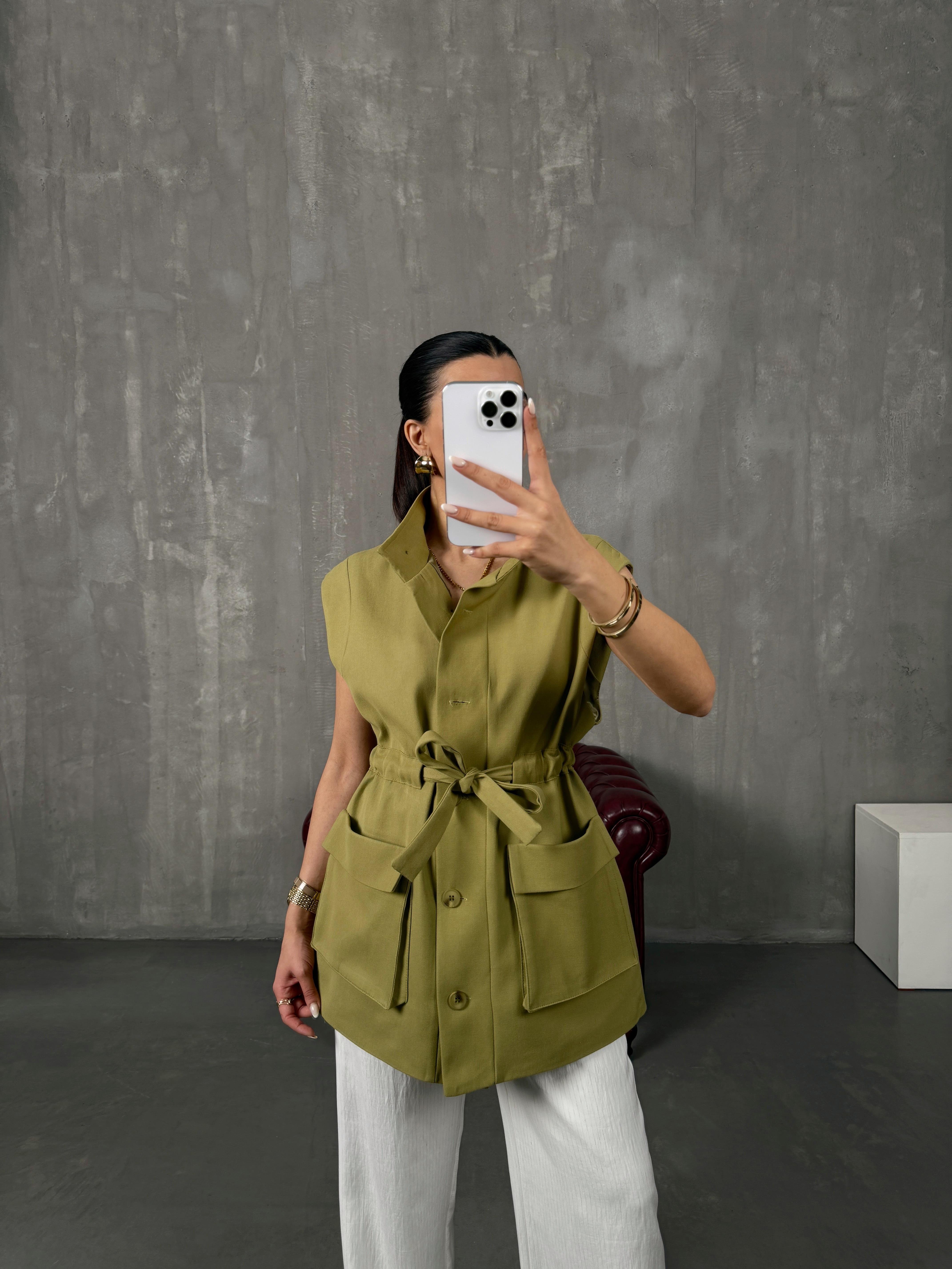 Ravi Yeşil Astarlı Belden Bağlamalı Gabardin YelekGausYELEKGU100426