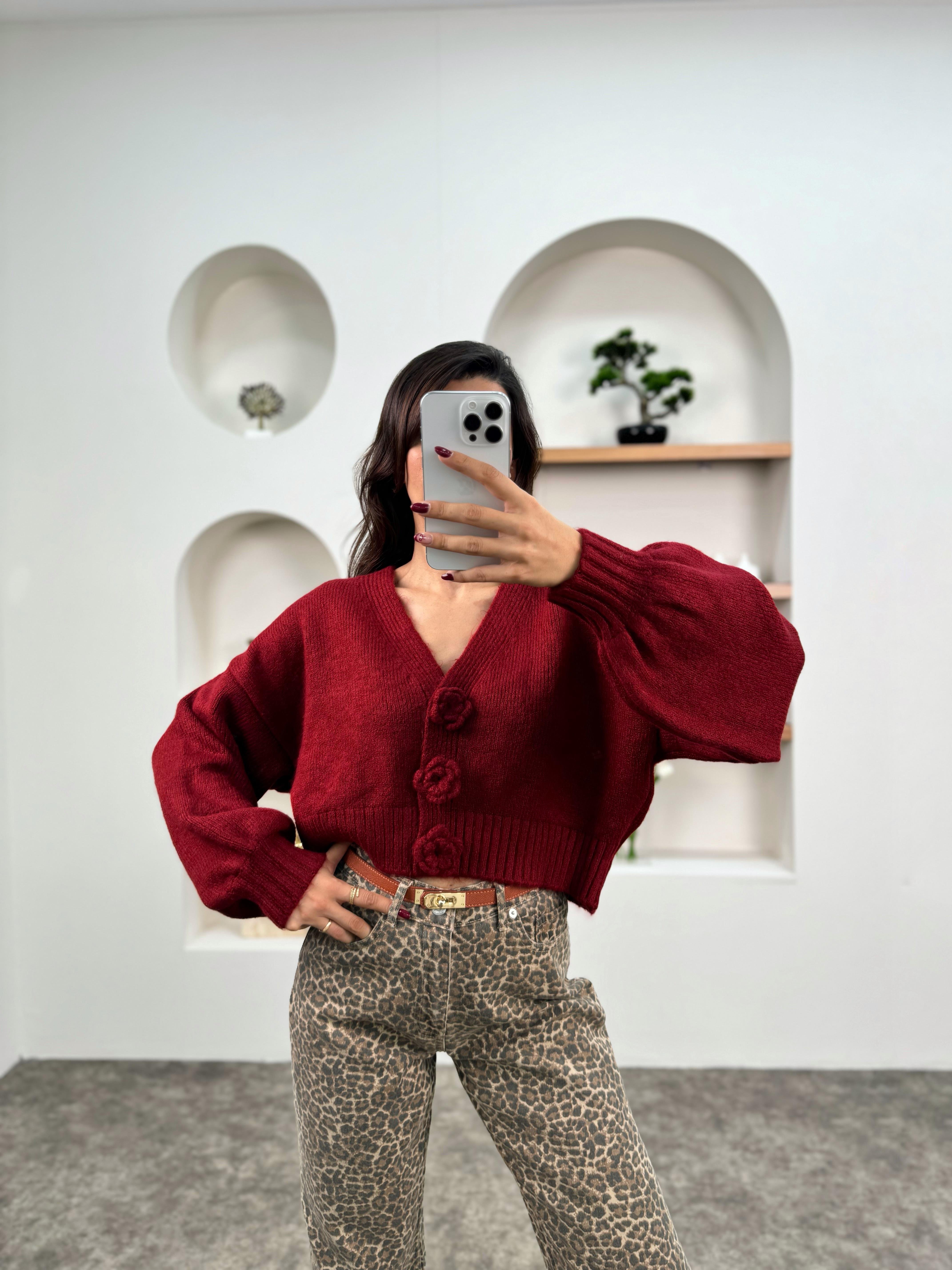 Meda Bordo Gül Düğmeli Balon Kol HırkaGausHIRKAGU00903580
