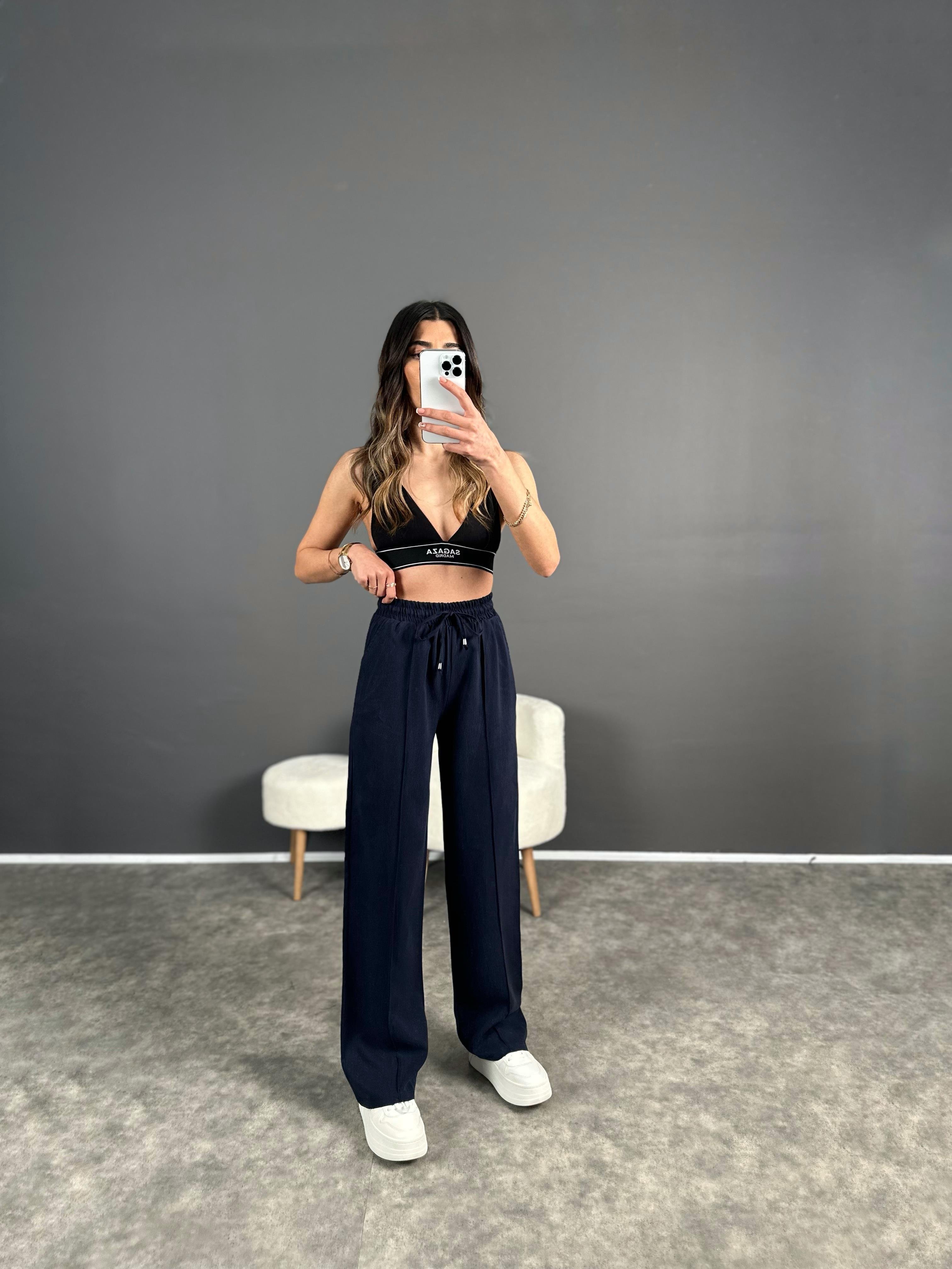 MD Lacivert Tensel Dokulu Beli Lastikli Pantolon