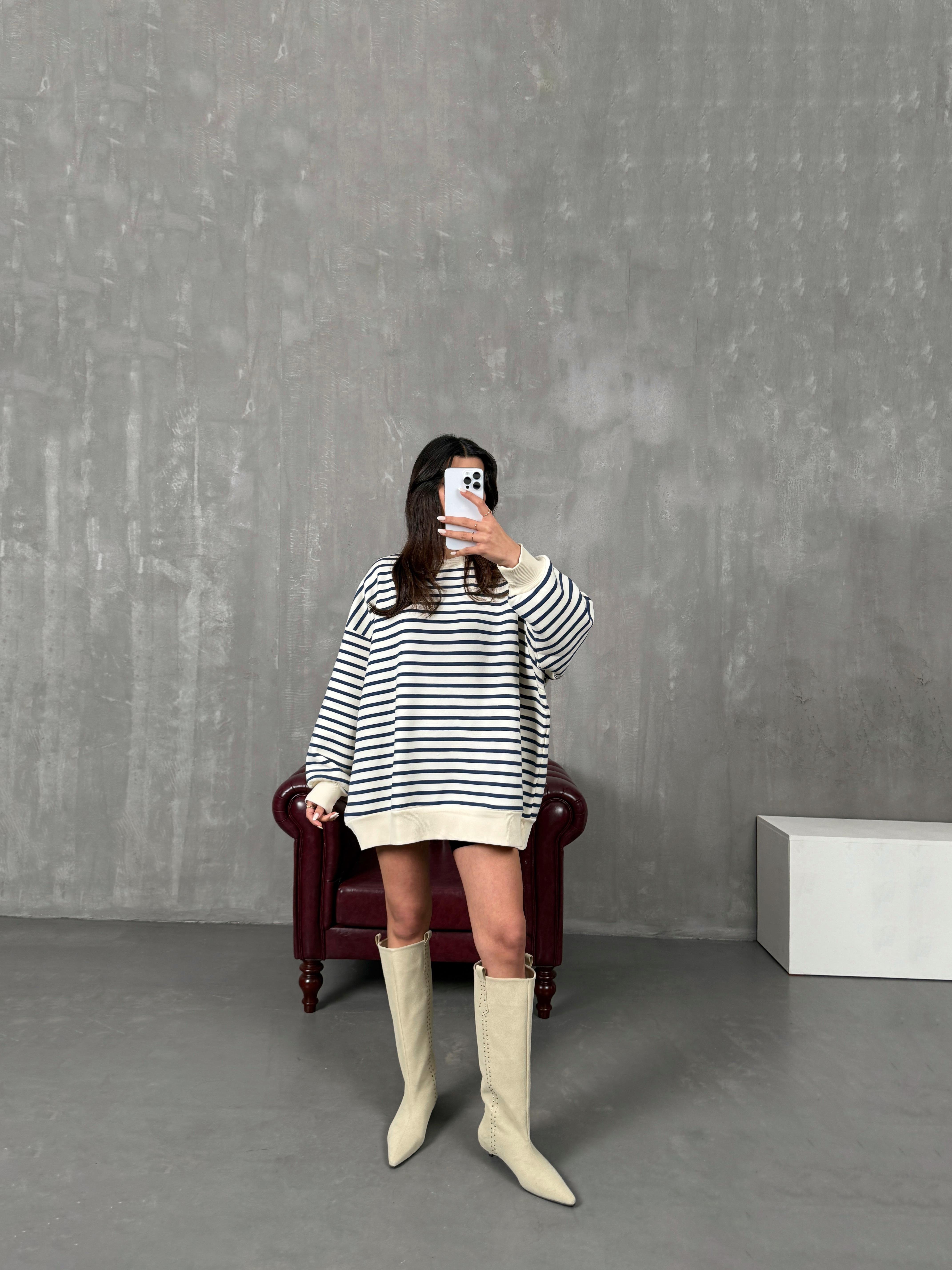 Felisya Lacivert Çizgili Üç İplik Şardonlu Sweat