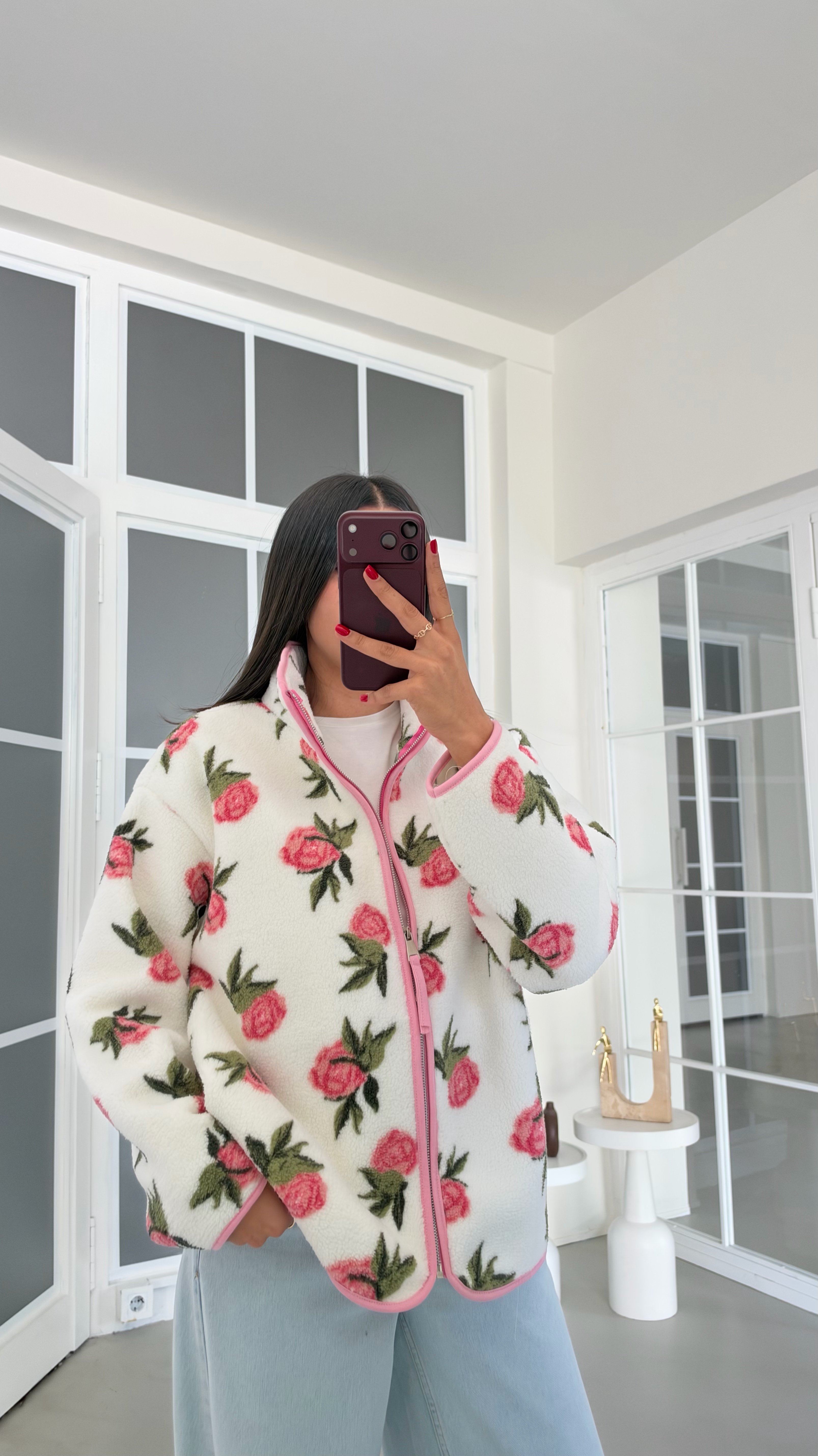 Pembe Gül Desenli Fermuarlı Polar Sweatshirt GAUS-01916 GAUS-02283GAUSSWEATSHIRTGAUS-02283