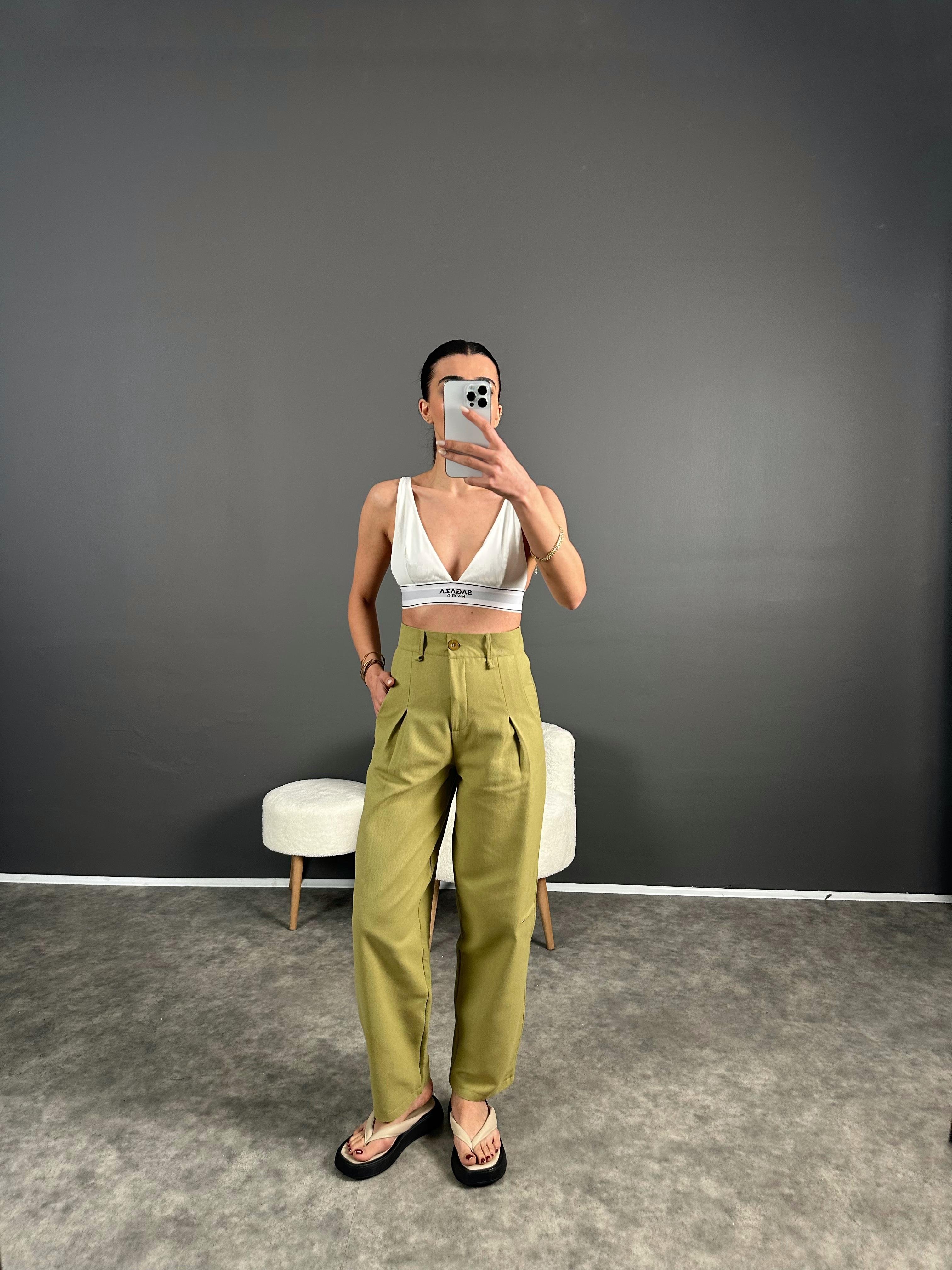 Lovas Yağ Yeşili Lux Kalite Keten Pantolon GausPANTOLONGU004583