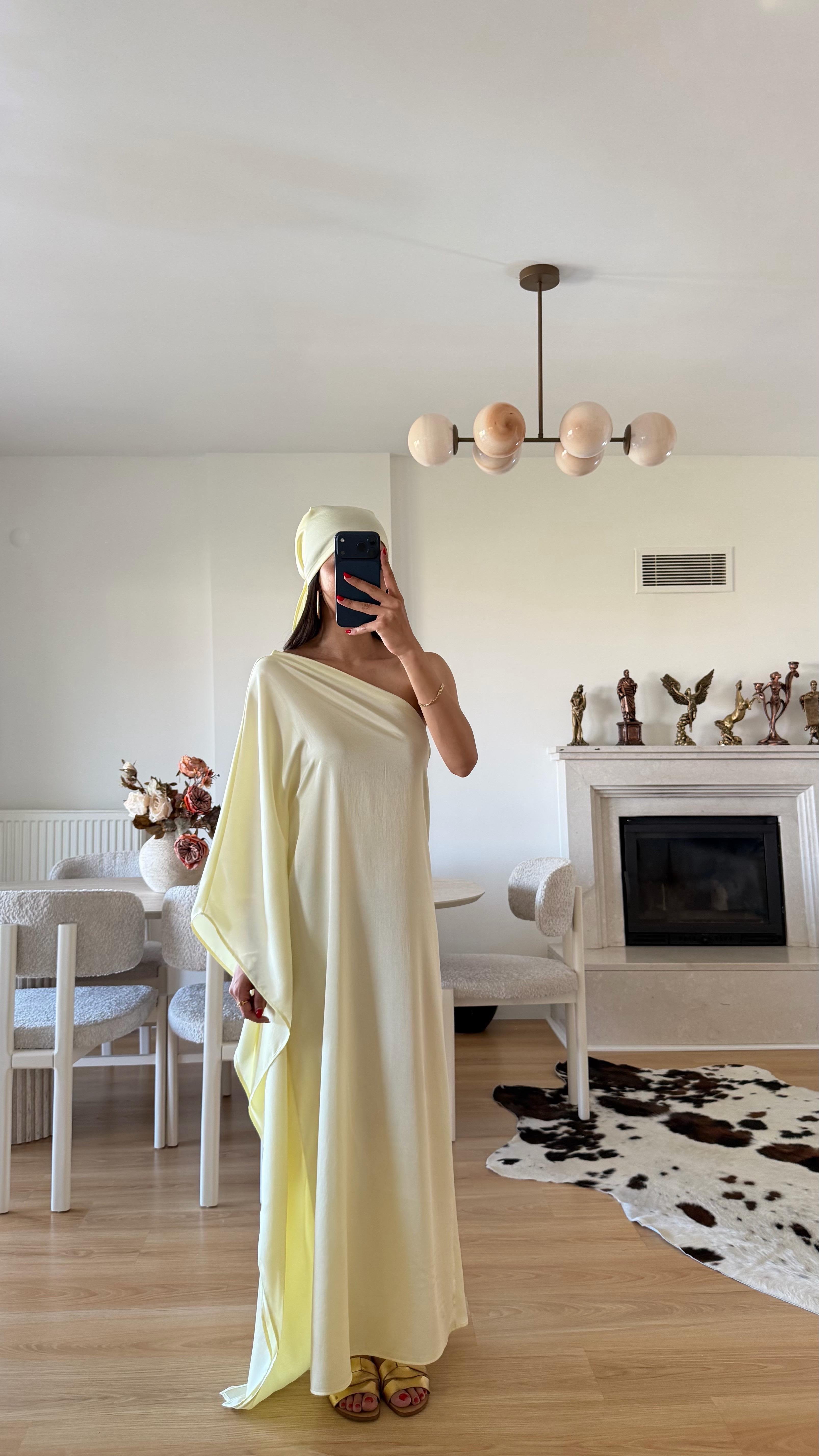 Sarı Bandanalı Tek Omuz Saten Elbise GAUS-01645GAUSELBİSEGAUS-01645