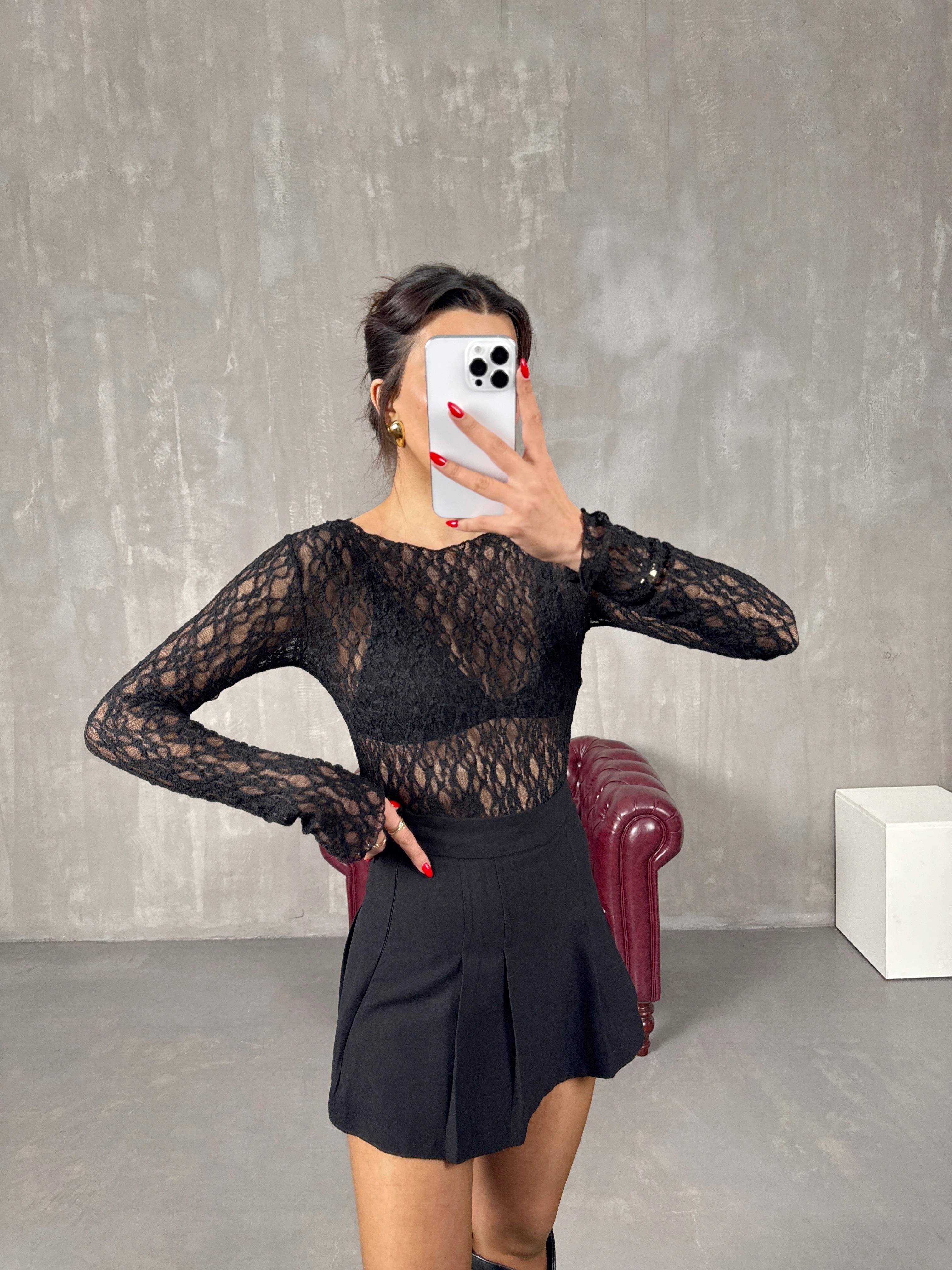 Riley Siyah Pileli Şort Etek