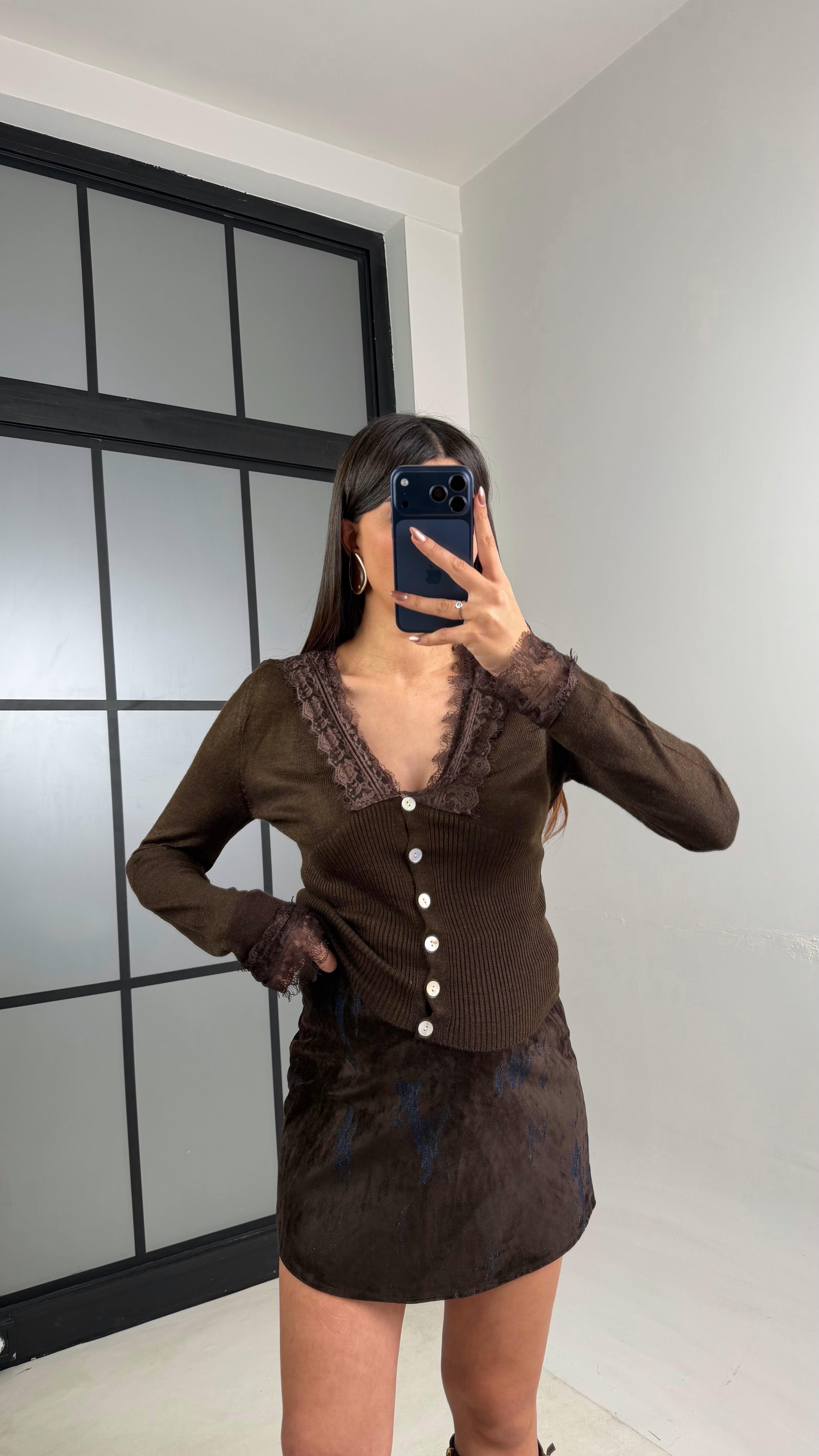 Acı Kahve Yaka Dantel Detaylı Düğmeli Triko Hırka GAUS-01120GAUSHIRKAGAUS-01120