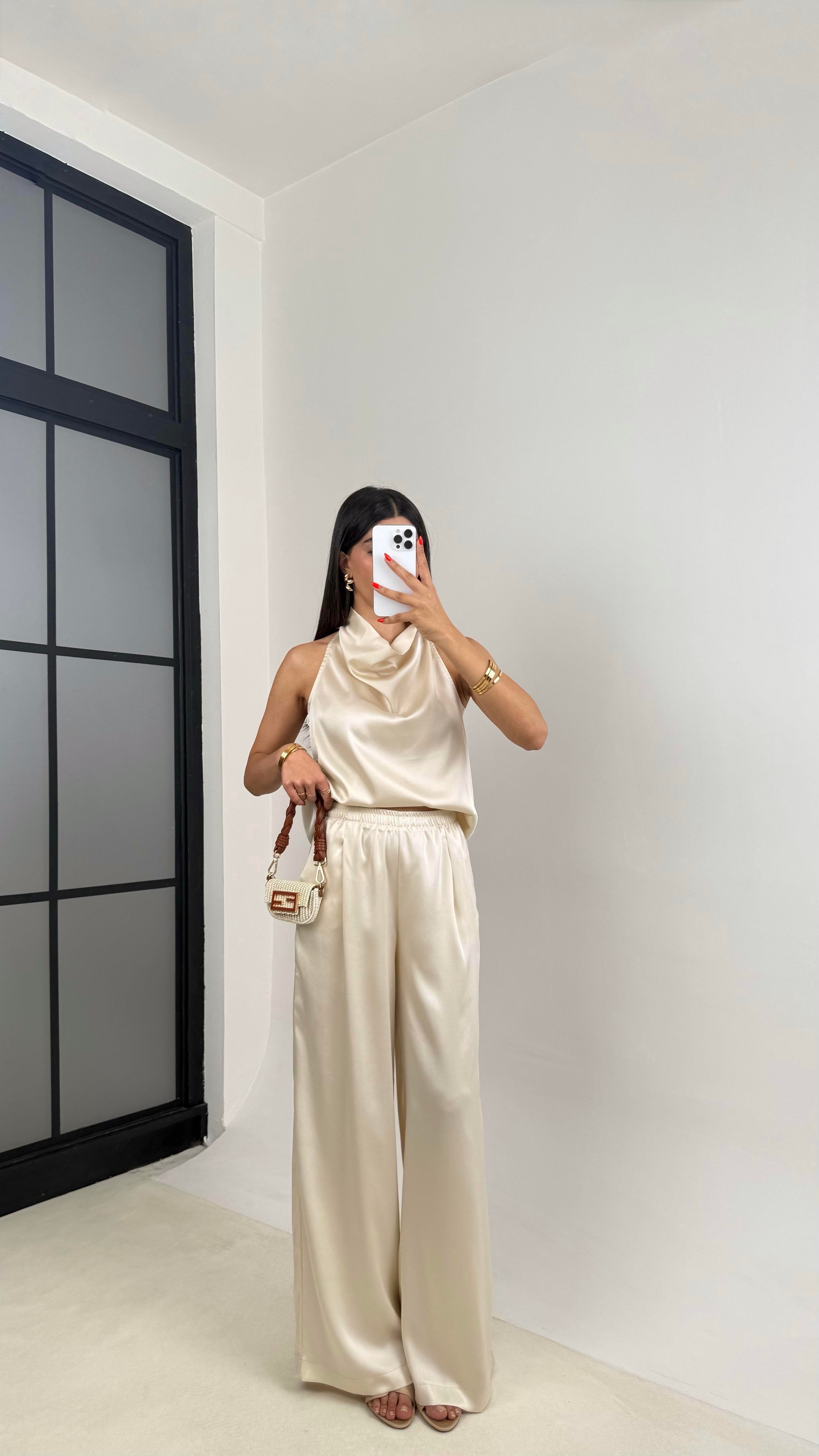 Bej Degaje Yaka Bluz Beli Lastikli Pantolon Saten Takım GAUS-0056GAUSTAKIMGAUS-0056