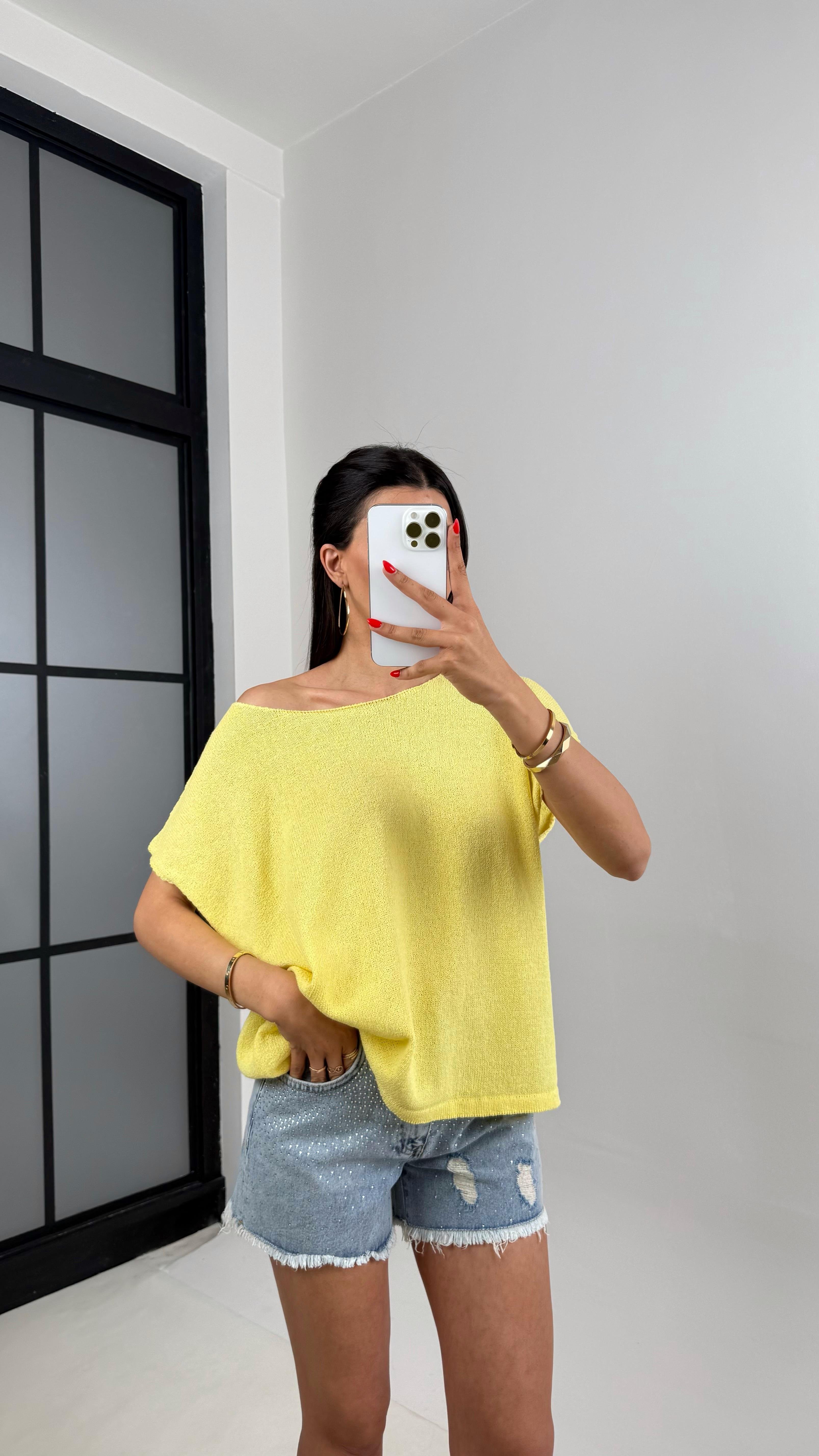 Sarı Omzu Açık Kısa Kol Triko Kazak Gaus00504GausTRİKOGU1002183