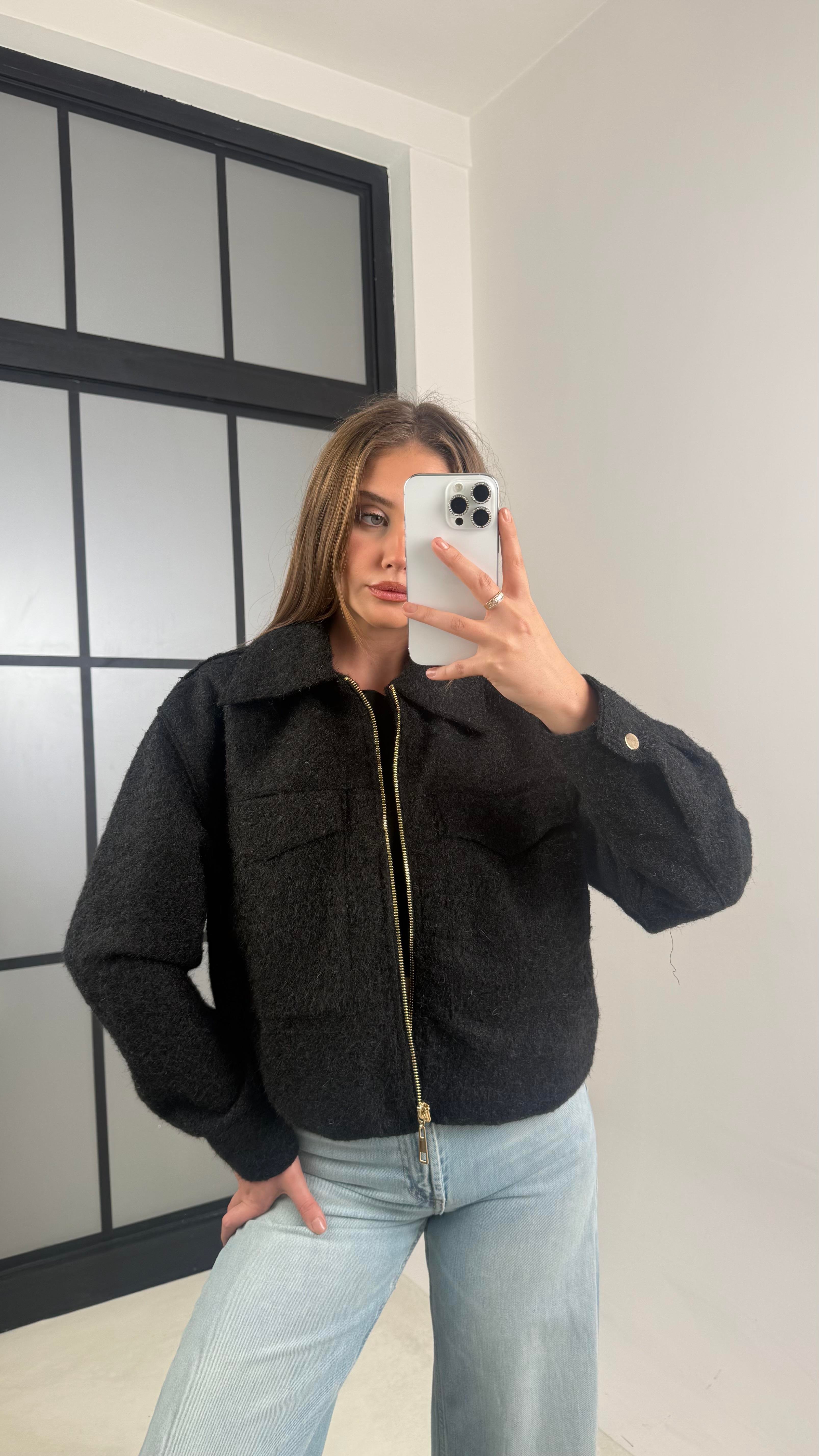 Siyah Astarlı Fermuarlı Muadil Keçe Kumaş Ceket GAUS-00603GAUS السترات  GAUS-00603