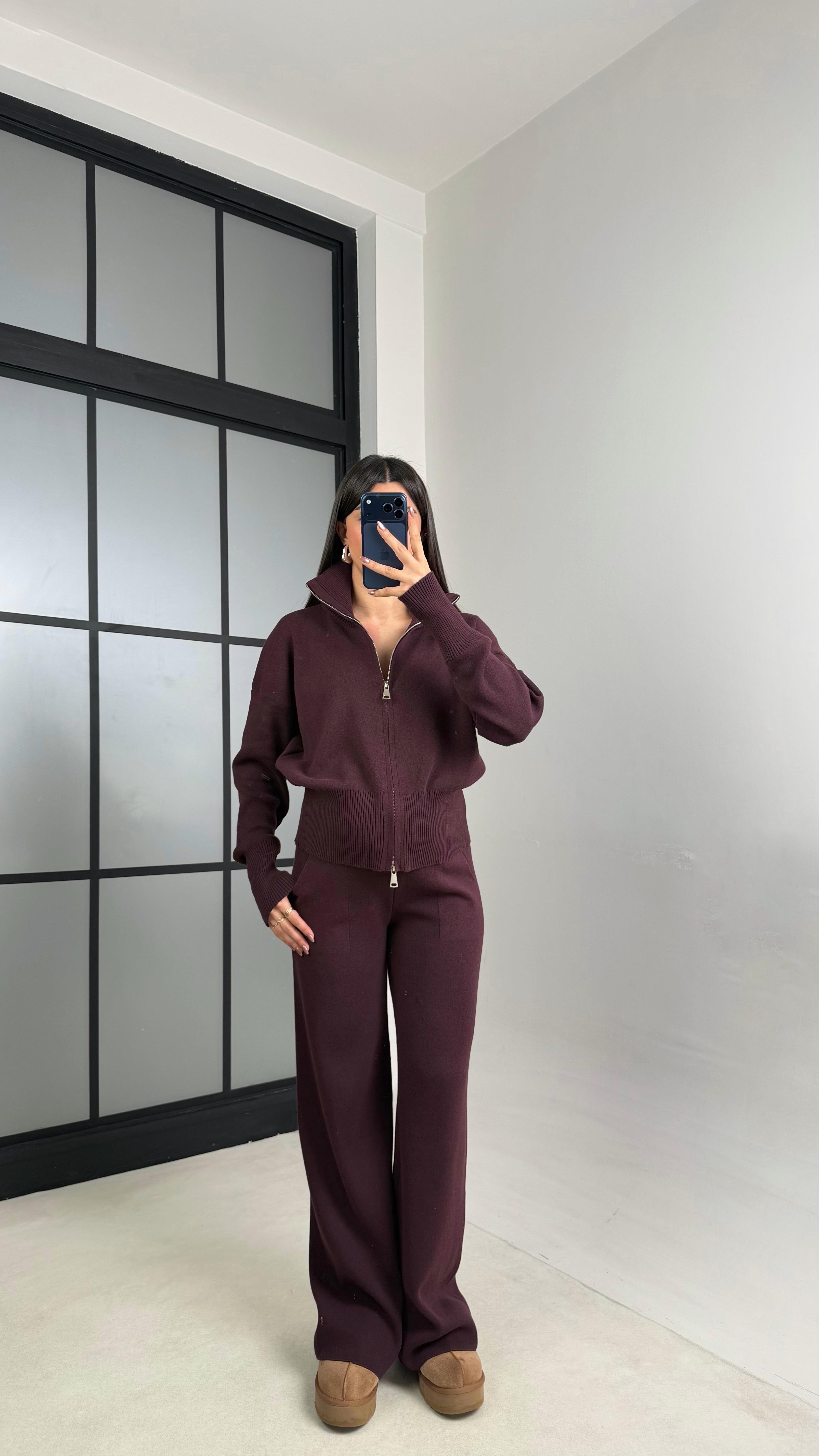 Mürdüm Çift Fermuarlı Hırka Beli Lastikli Pantolon Triko Takım GAUS-01090GAUSTAKIMGAUS-01090