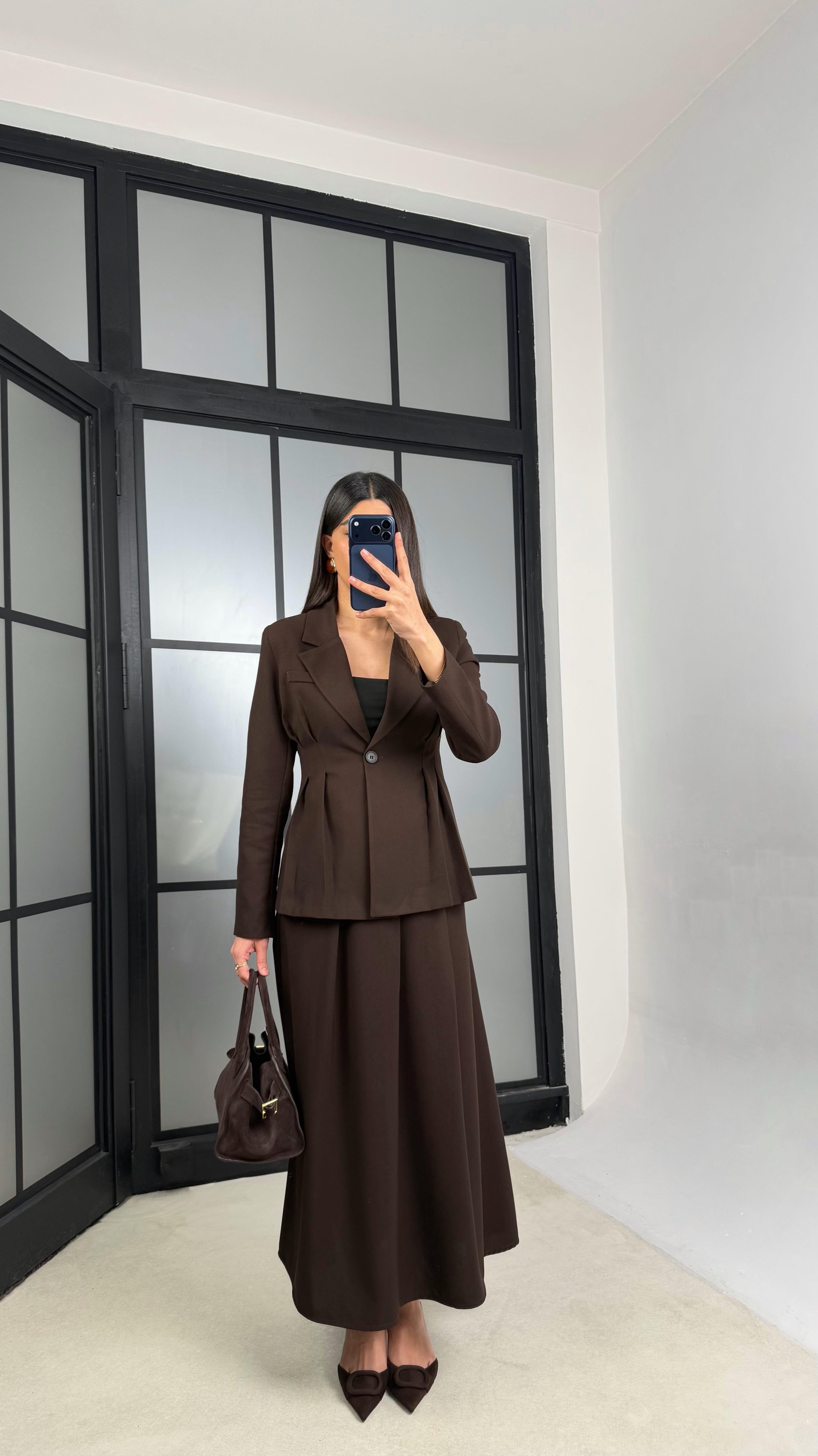 Acı Kahve Belden Oturtmalı Astarlı Vatkalı Ceket Cepli Etek Premium Takım GAUS-01290GAUSSuitsGAUS-01290
