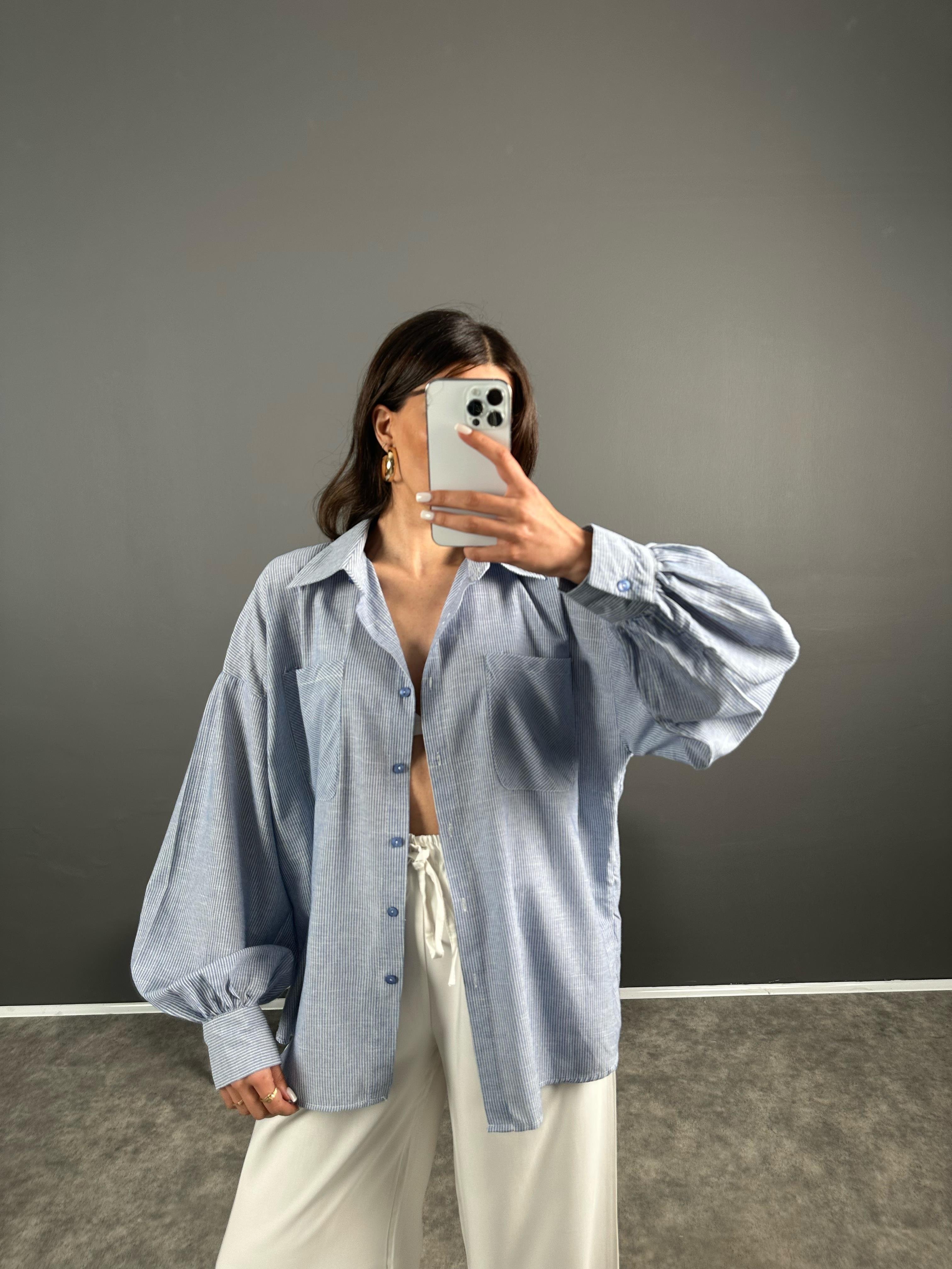 RY İnci Çizgili Oversize Gömlek GausGÖMLEKGU007233