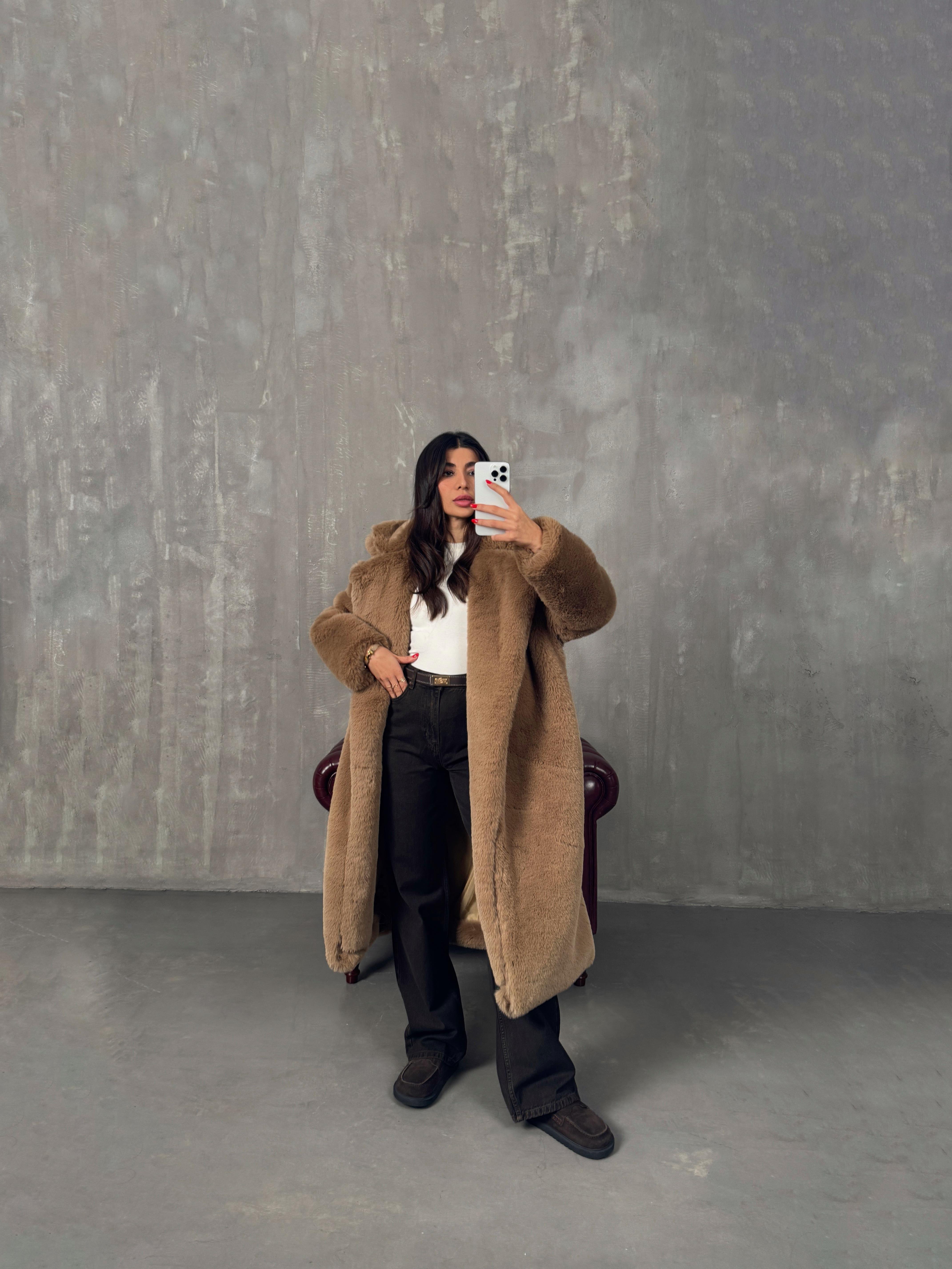 Wody Sütlü Kahve Astarlı Premium Kürk Kaban 