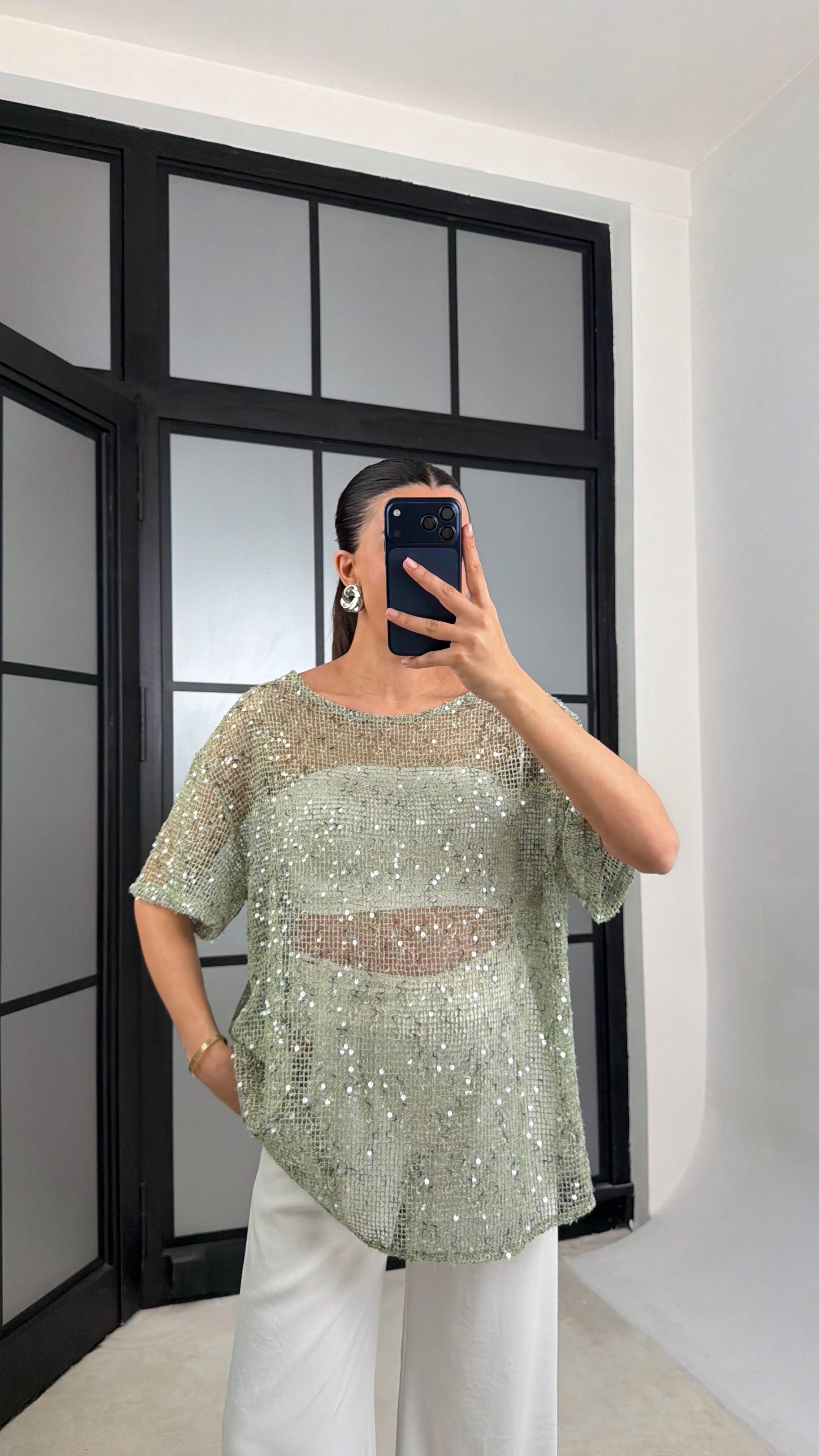 Mint Yeşili Muadil Pul İşleme Detaylı İthal Oversize Tshirt GAUS-01187GAUSTshirtGAUS-01187