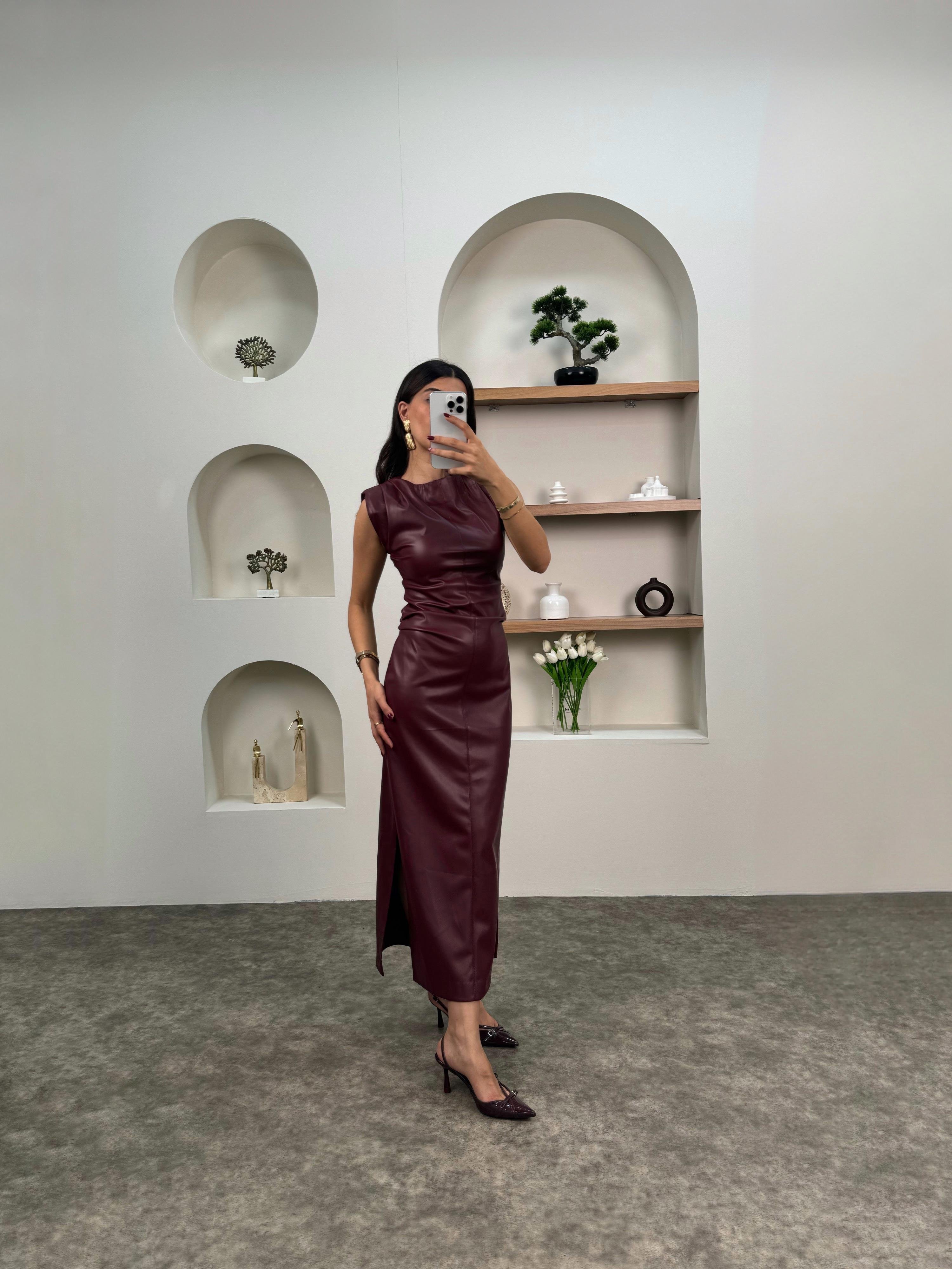 Belis Bordo İçi Şardonlu Deri ElbiseGausELBİSEGU00903555