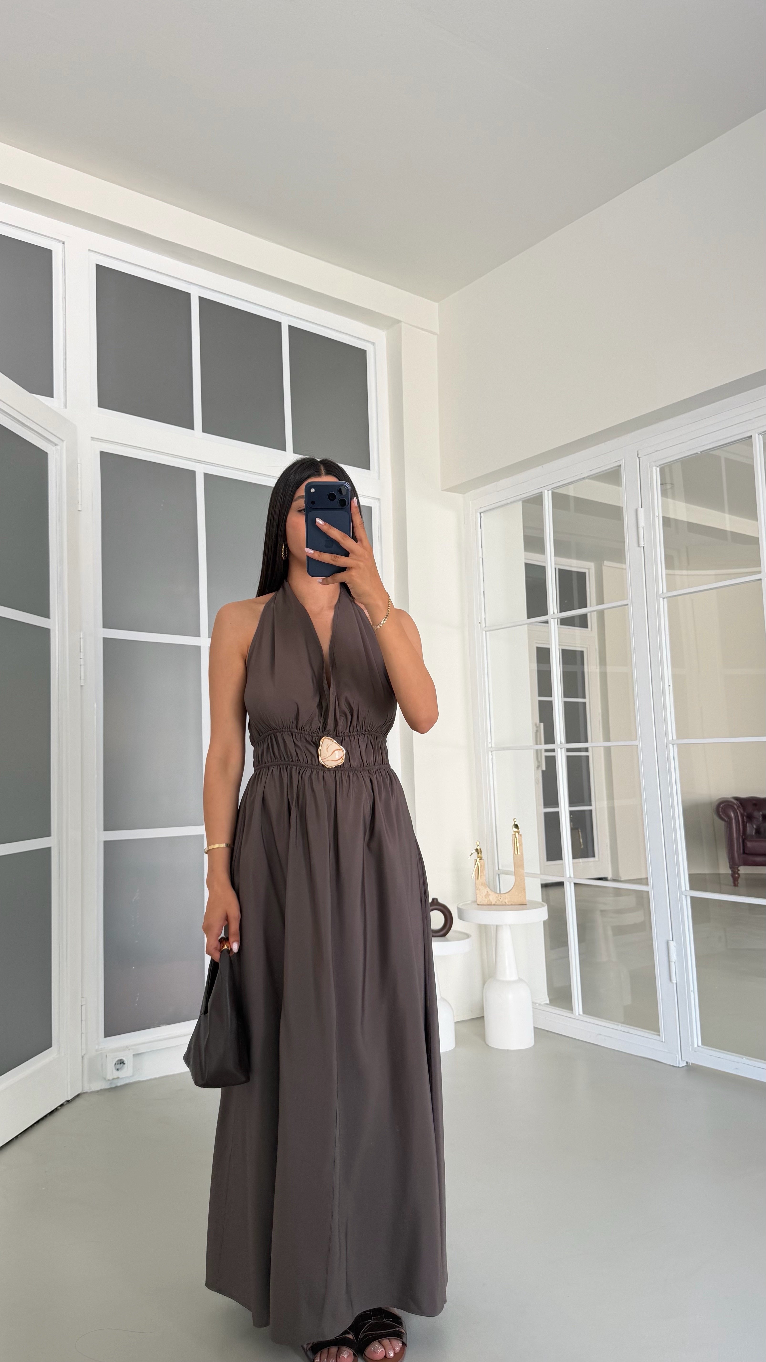 Kahve Boyundan Bağlamalı Beli Lastikli Toka Detaylı Cepli Tencel Elbise GAUS-01798GAUSELBİSEGAUS-01798