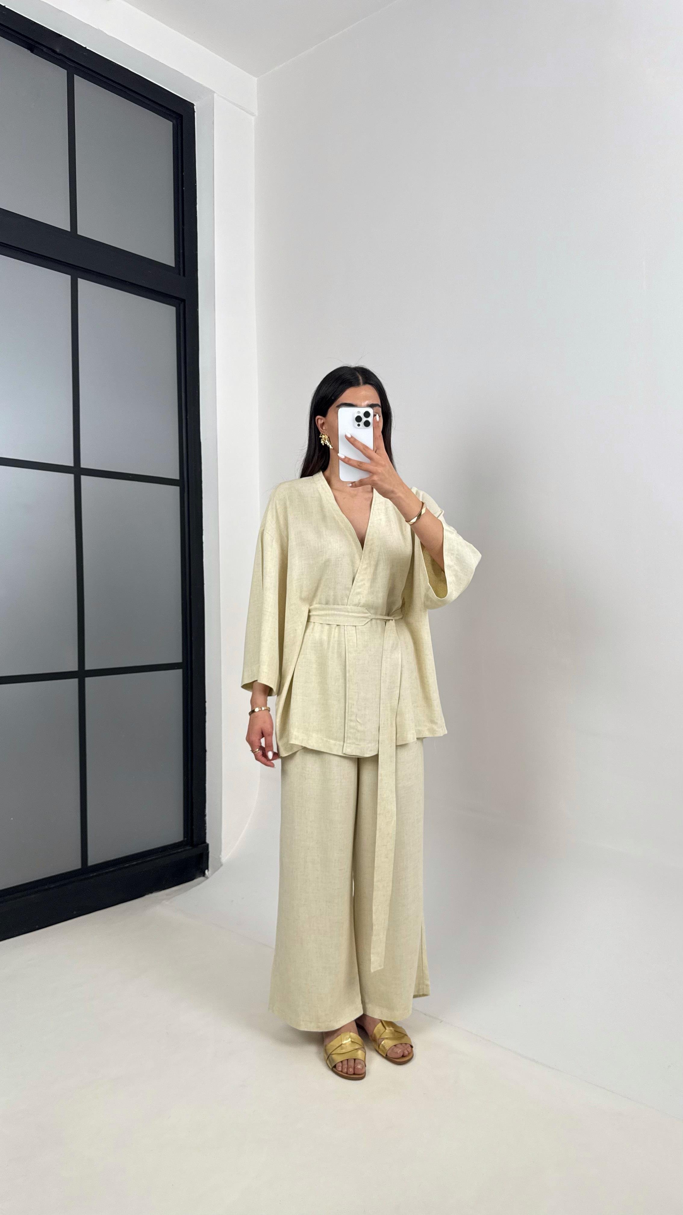 Soft Sarı Kuşaklı Kimono Beli Lastikli Cepli Pantolon Keten Takım Gaus00397GausTAKIMGU1001932