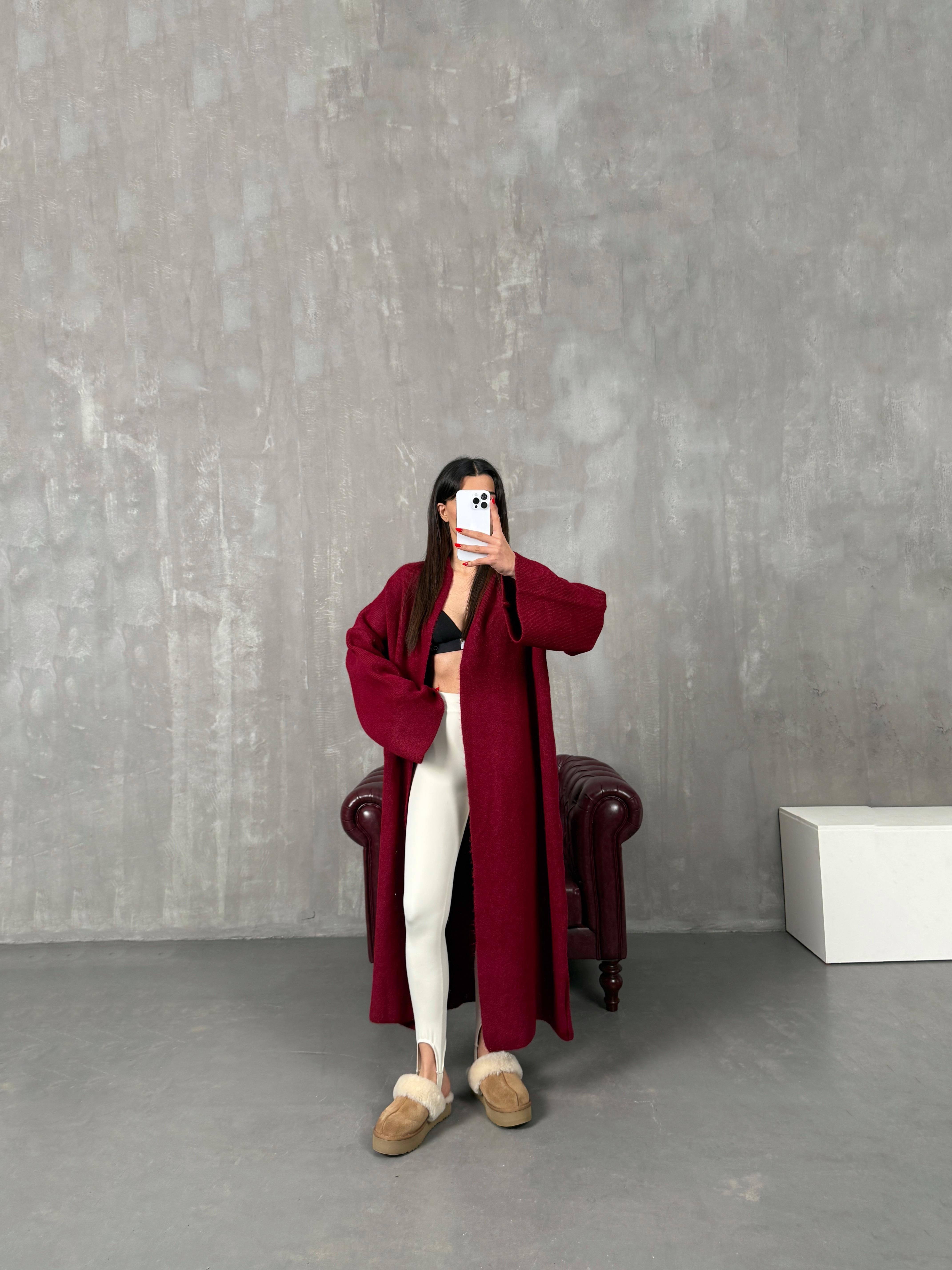 Algis Bordo Oversize Uzun Hırka