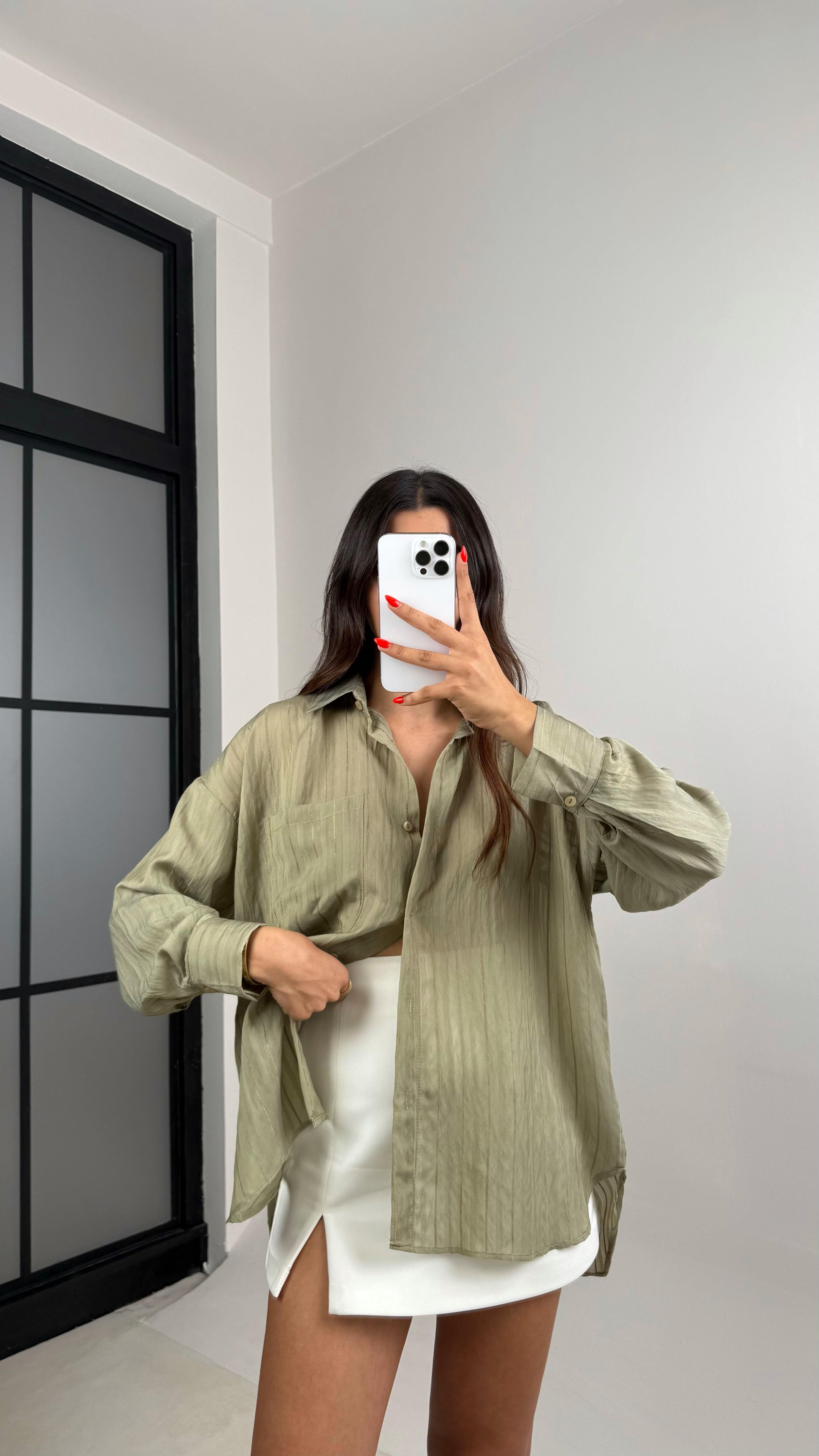 Haki Şerit Desenli Kırışık Tencel Gömlek GAUS-0032GAUSGÖMLEKGAUS-0032