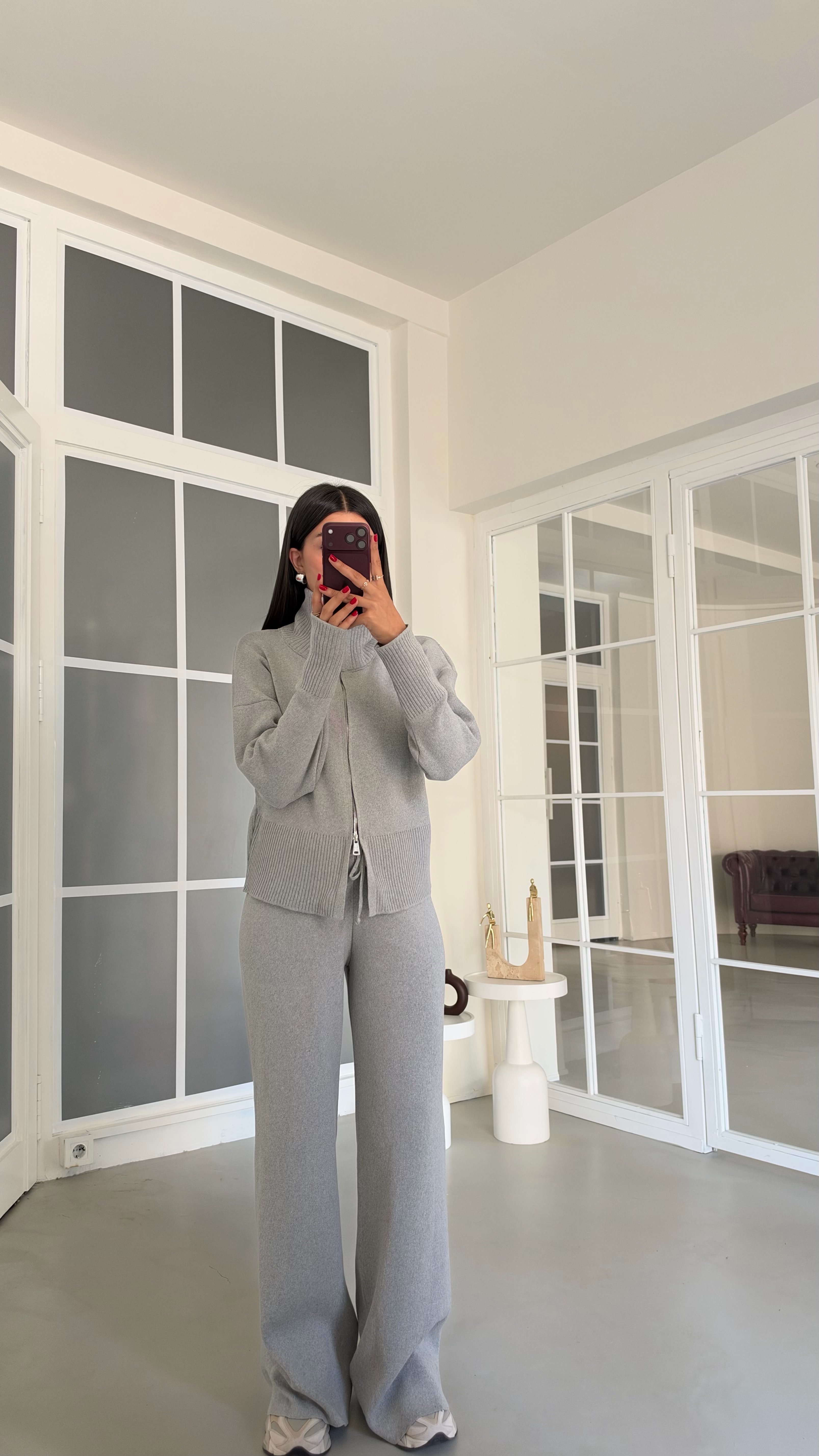 Gri Çift Fermuarlı Hırka Beli Lastikli Pantolon İkili Triko Takım GAUS-02169GAUSTAKIMGAUS-02169