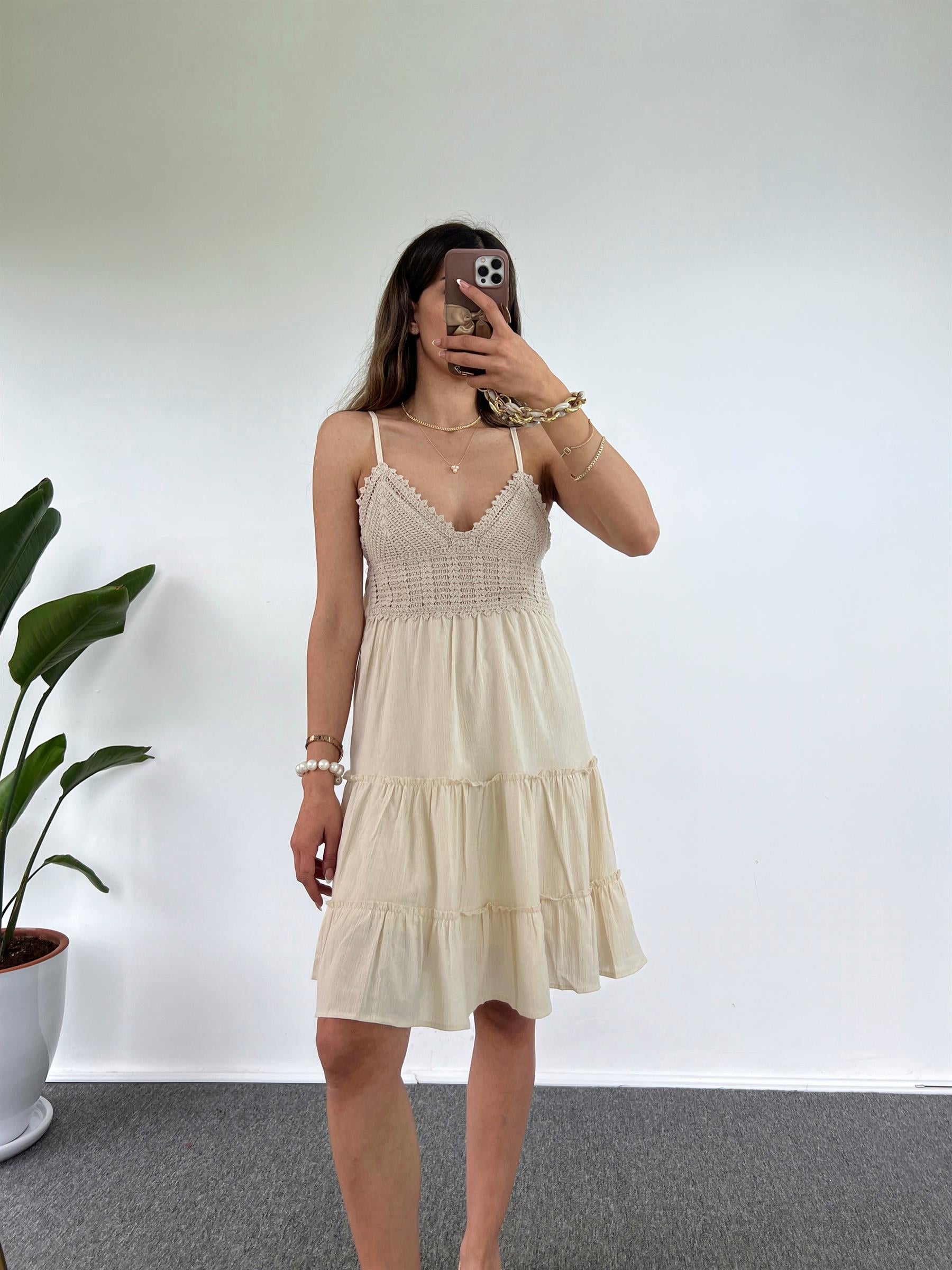 Farona Bej Keten Triko İşlemeli Astarlı Elbise GausELBİSEGU001239