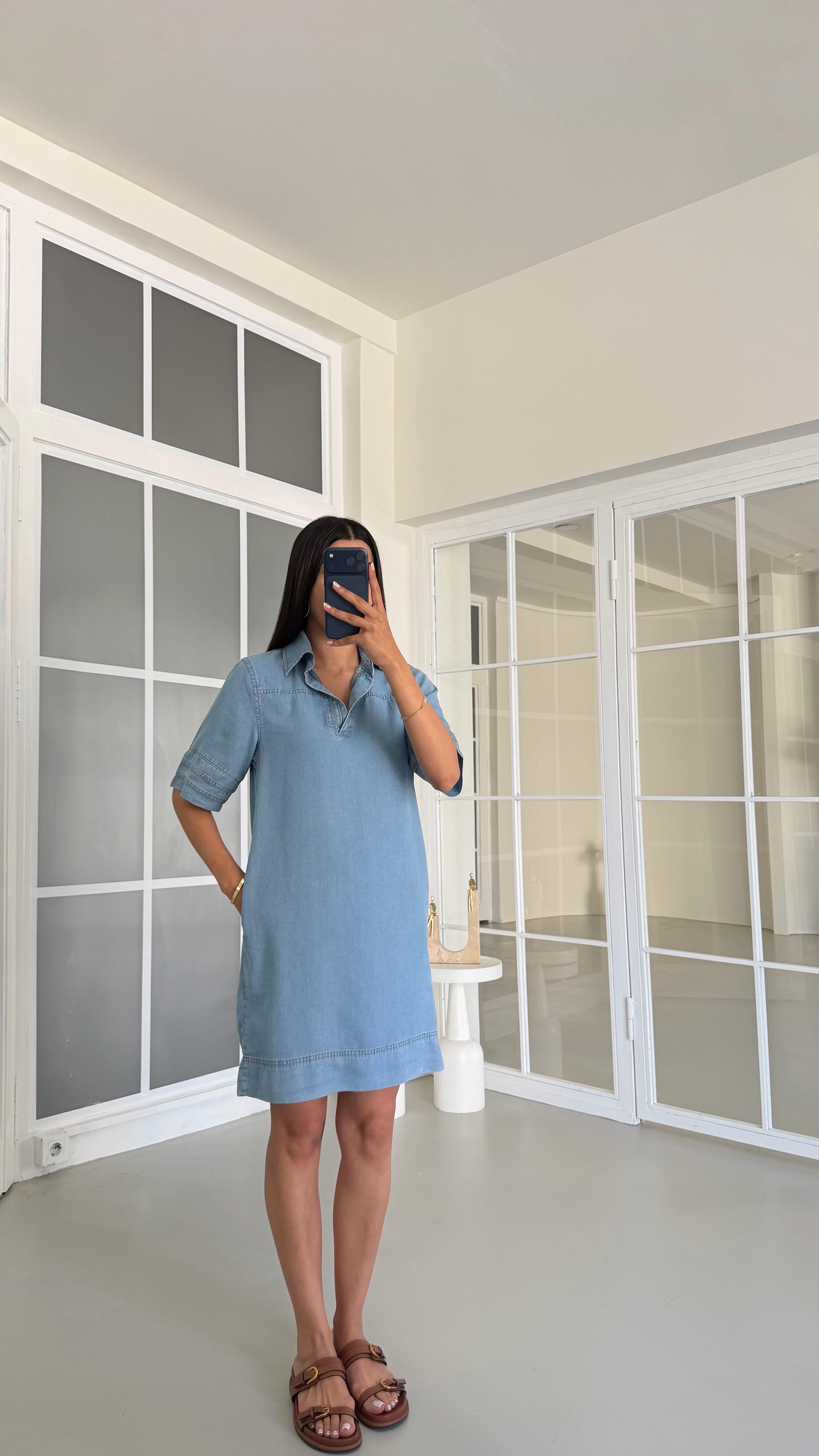 Mavi Polo Yaka Cepli Denim Elbise GAUS-01680GAUSELBİSEGAUS-01680