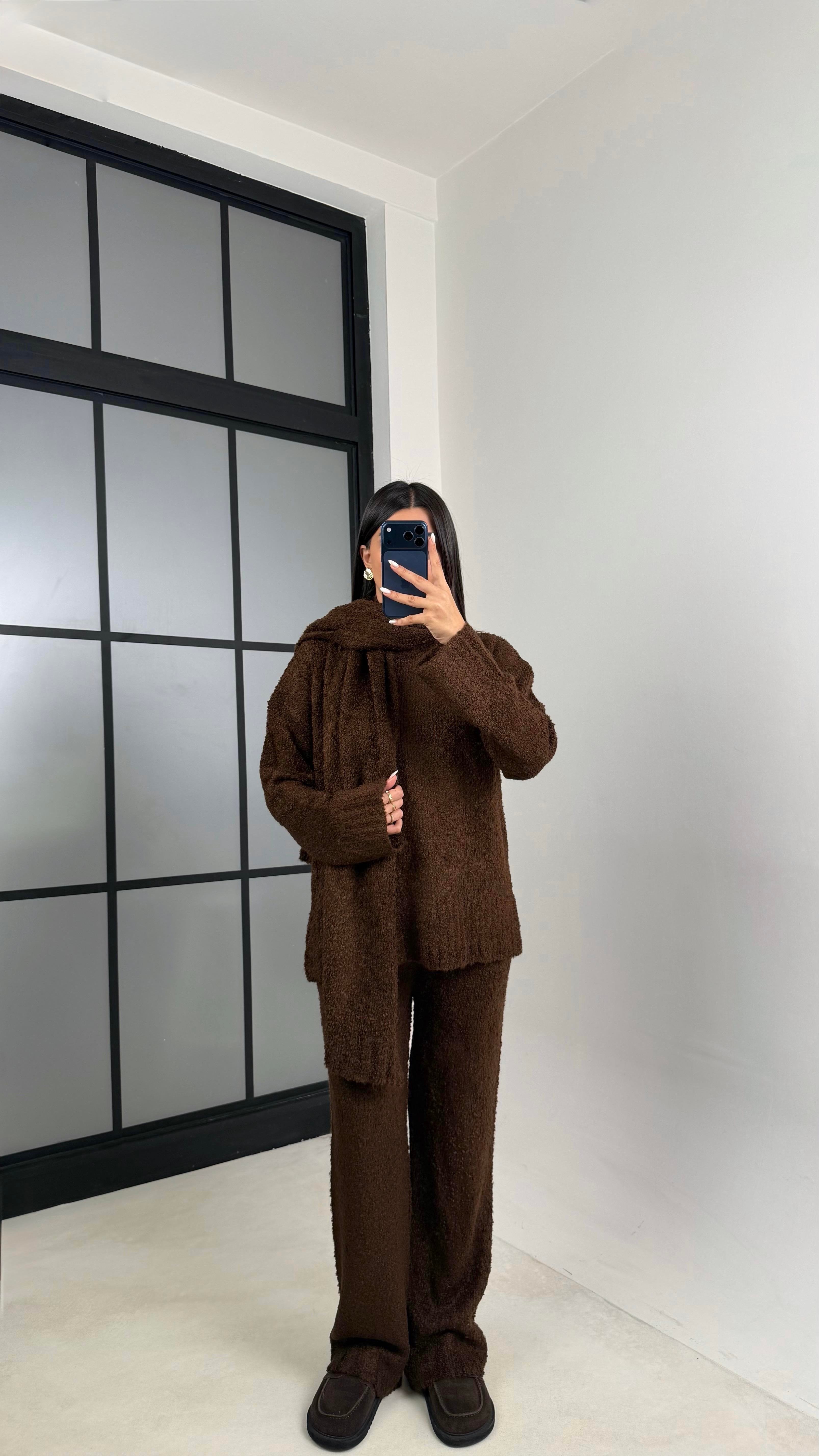 Kahve Atkı Detaylı Kazak Beli Lastikli Pantolon 3'Lü Yumuşak Dokulu Triko Takım GAUS-00654GAUSTAKIMGAUS-00654