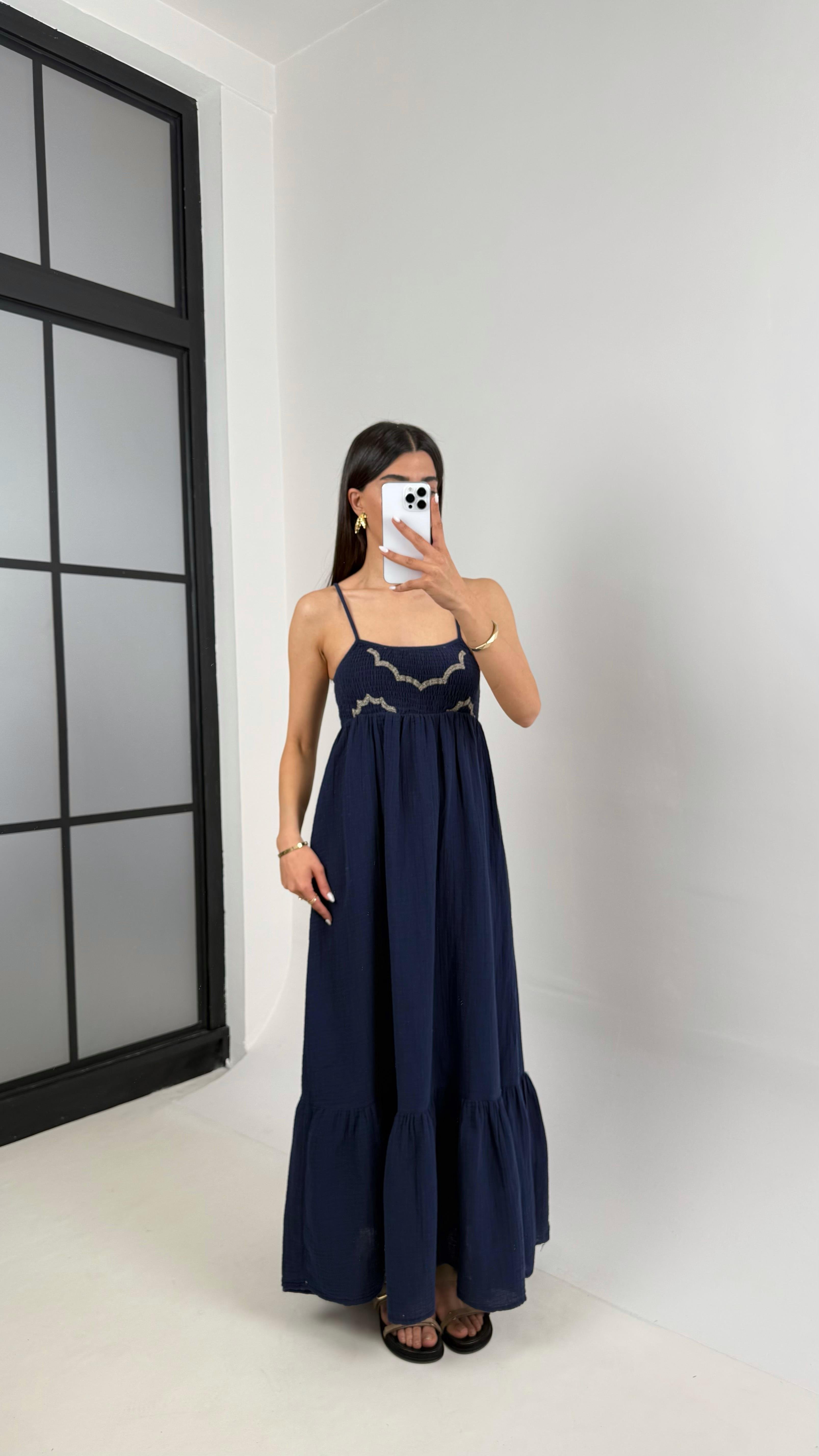 Lacivert Ayarlanabilir Askılı Astarlı Müslin Elbise Gaus409GausELBİSEGU1001954