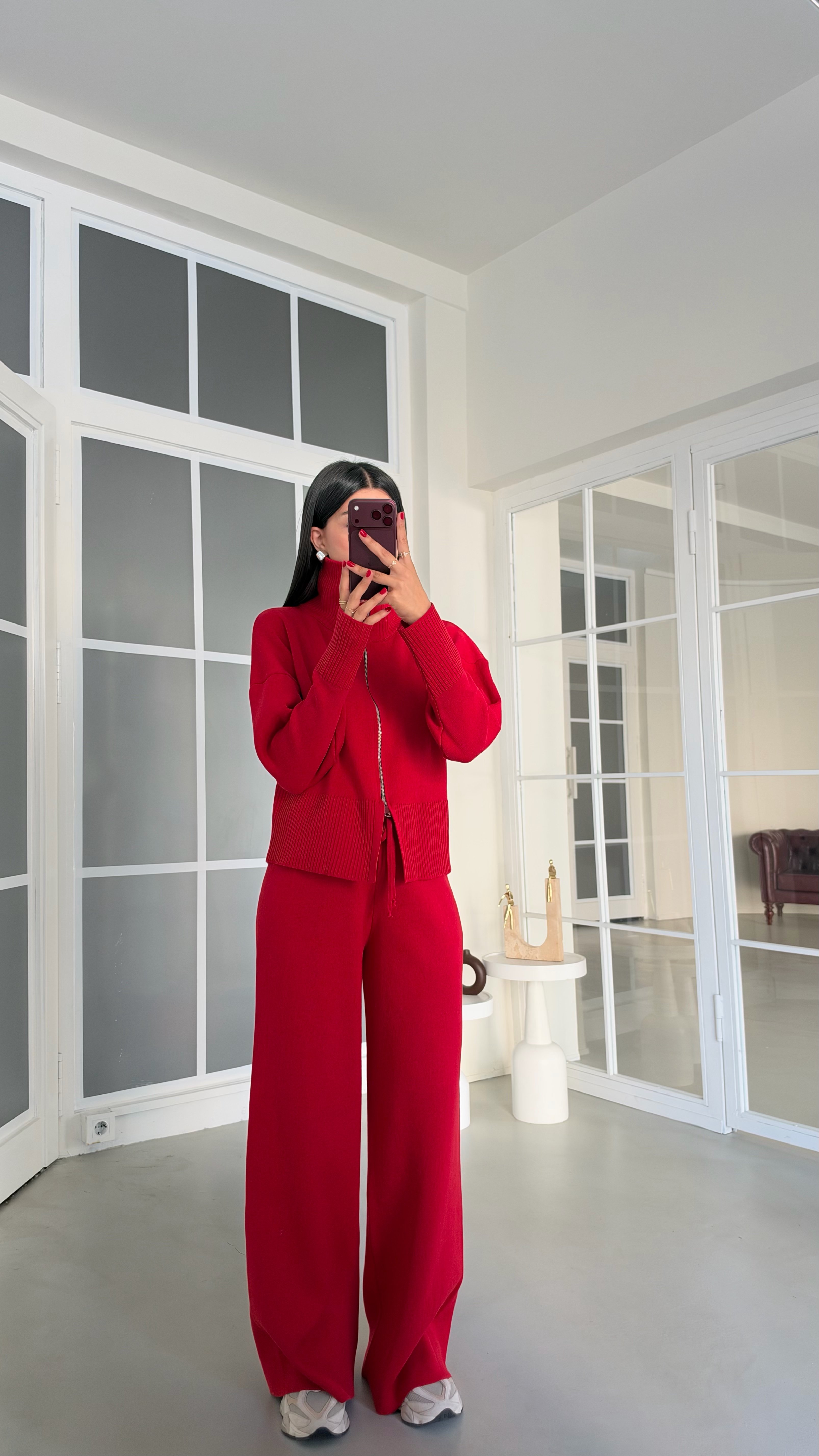 Kırmızı Çift Fermuarlı Hırka Beli Lastikli Pantolon İkili Triko Takım GAUS-02169GAUSTAKIMGAUS-02169
