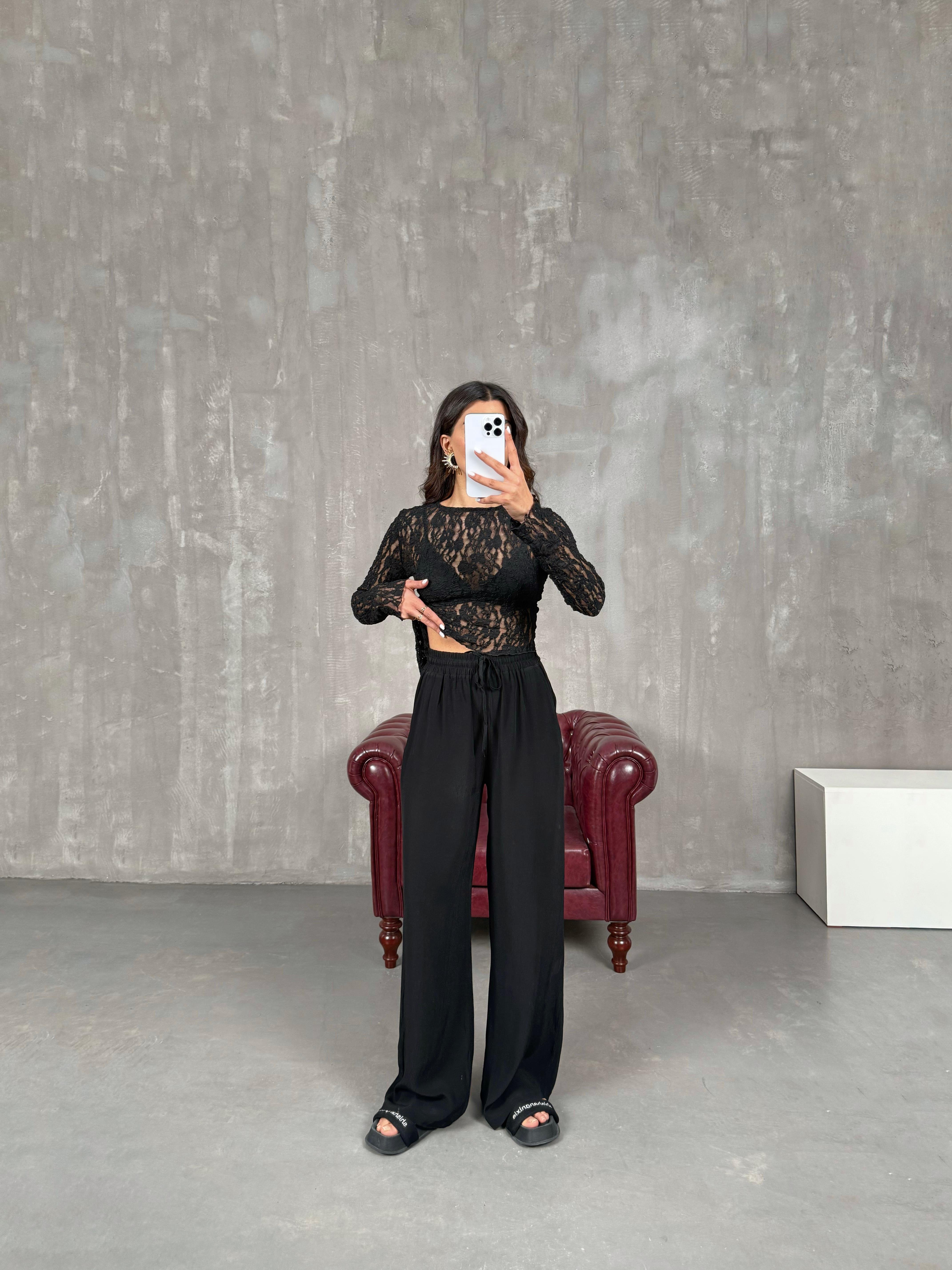 İvo Siyah Belden İpli Viskon Karışımlı Pantolon