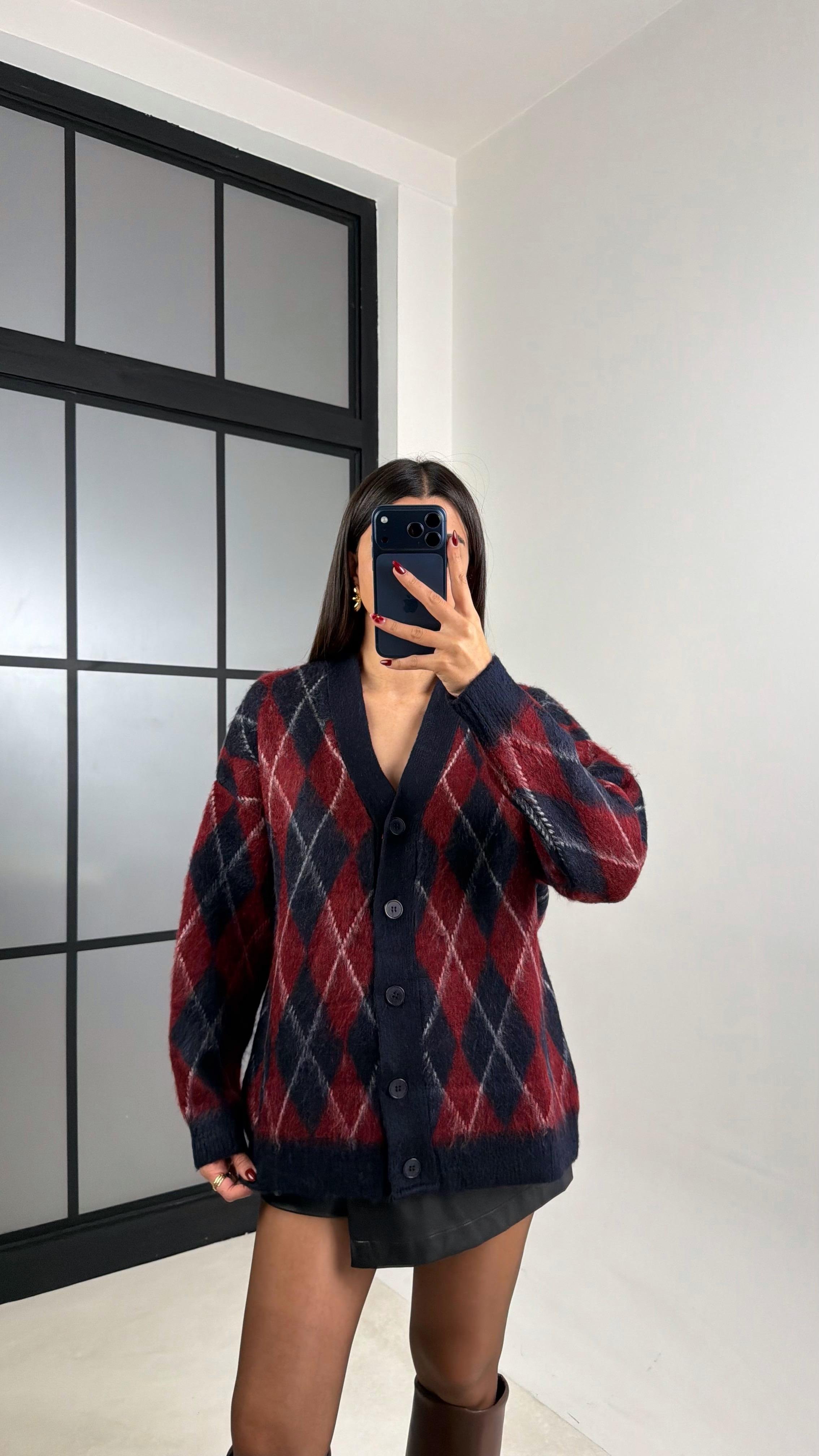 Bordo Baklava Desenli Triko Hırka GAUS-00627GAUSHIRKAGAUS-00627