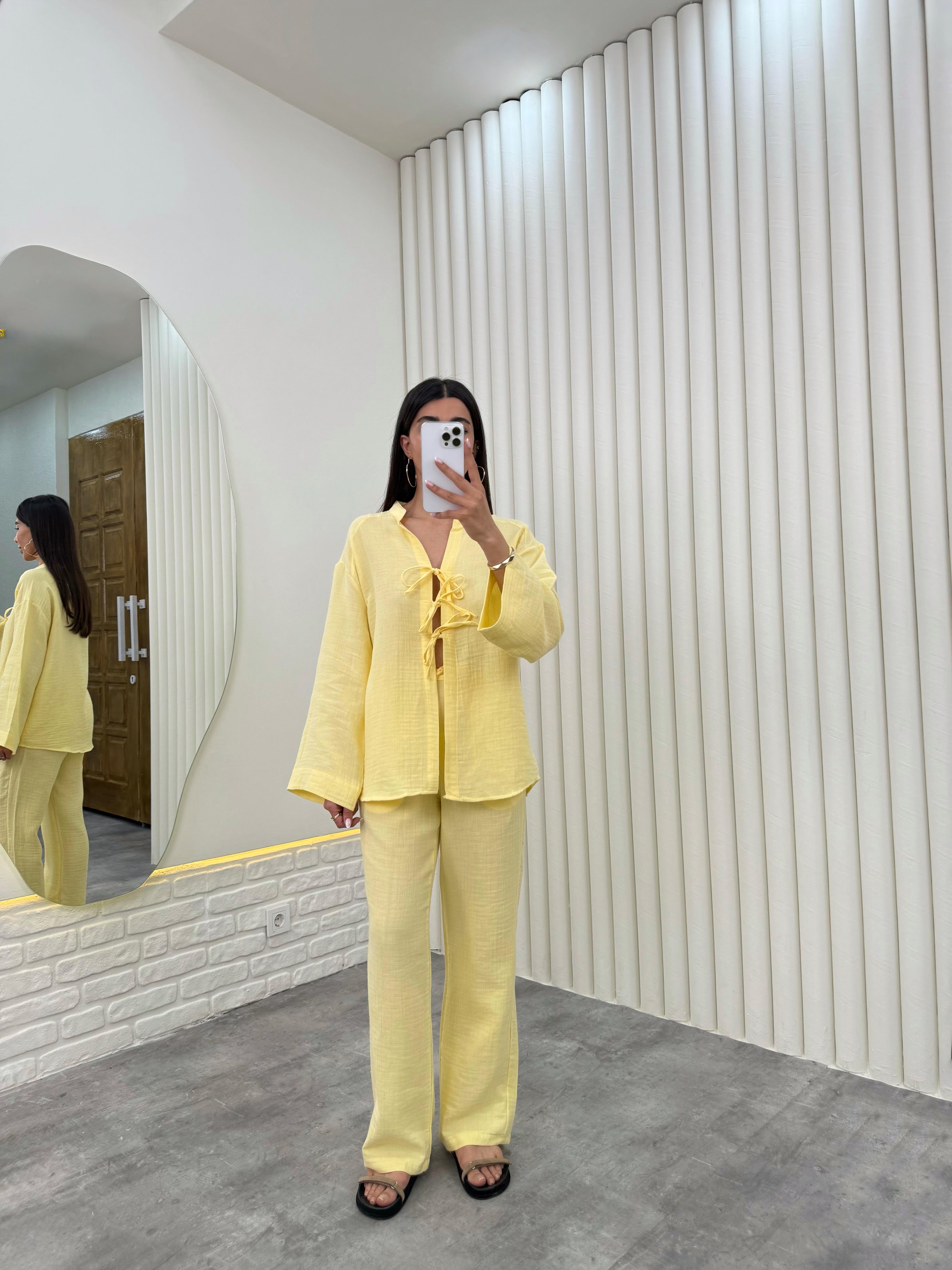 Sarı Önü Bağlamalı Beli Lastikli Müslin Kumaş Takım Gaus00282GausTAKIMGU1001657