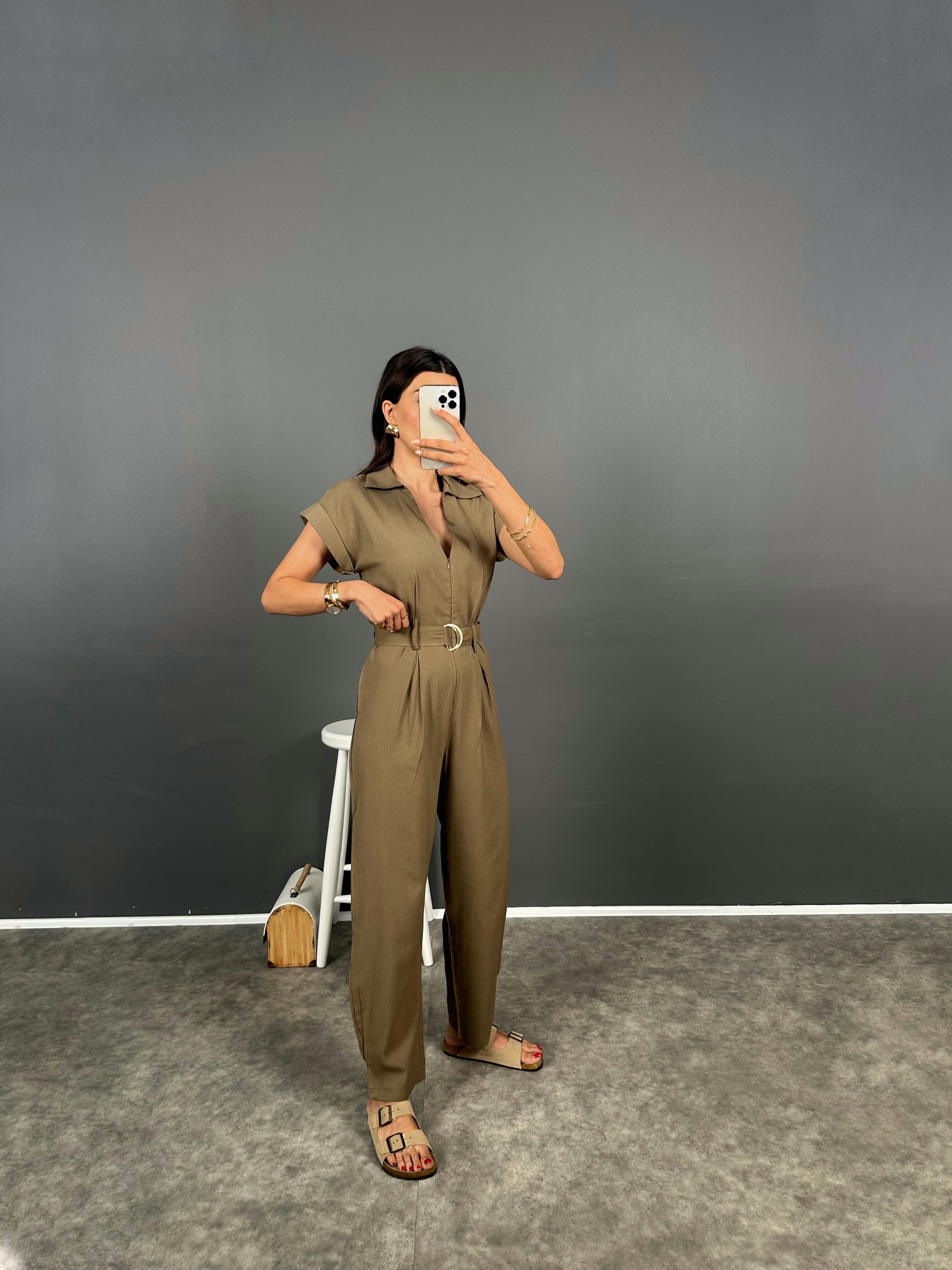 Tatissi Haki Kemer Bağlamalı V Yaka Keten Tulum