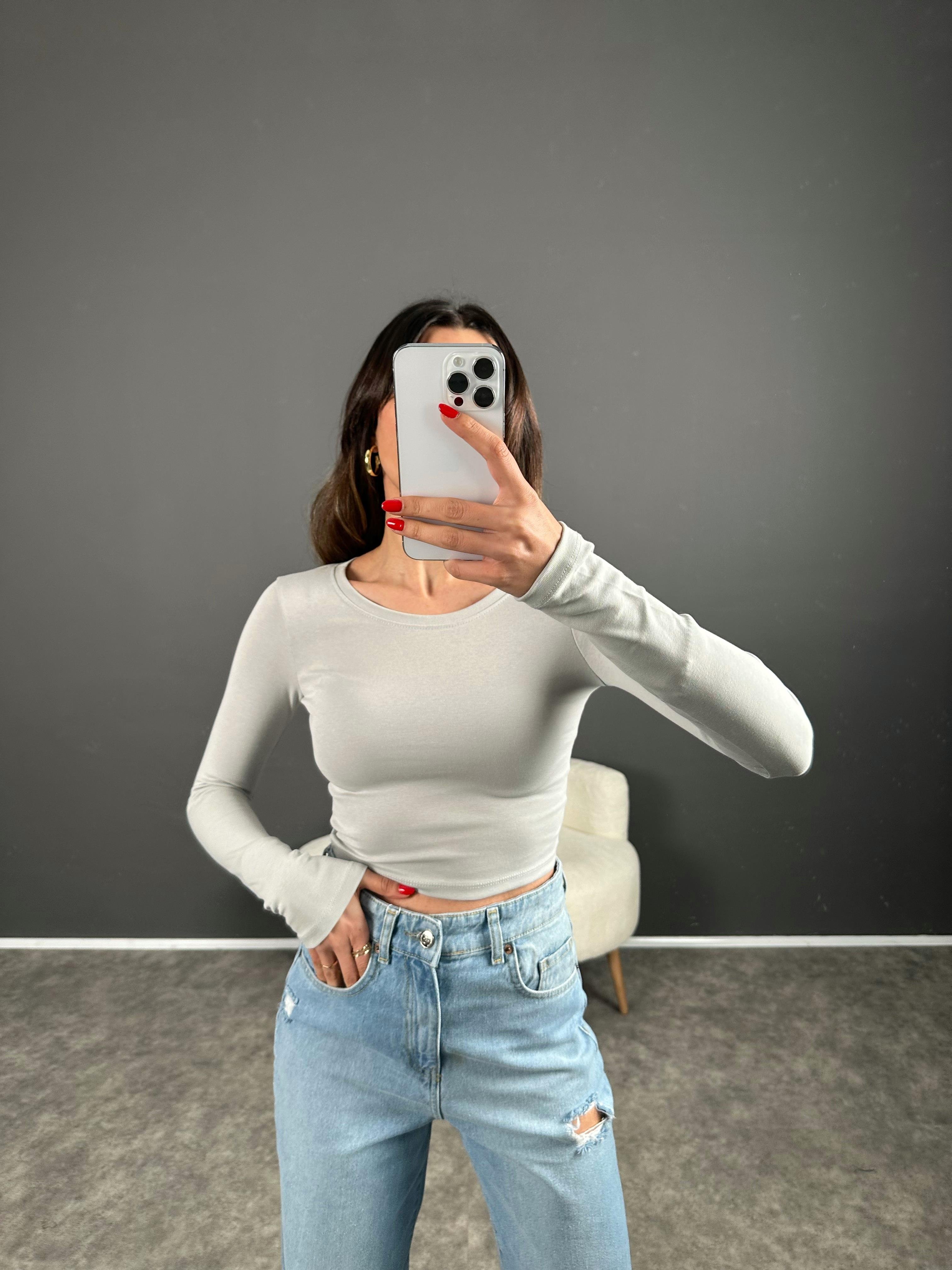Açık Gri ZR Model Basic Uzun Kollu Crop