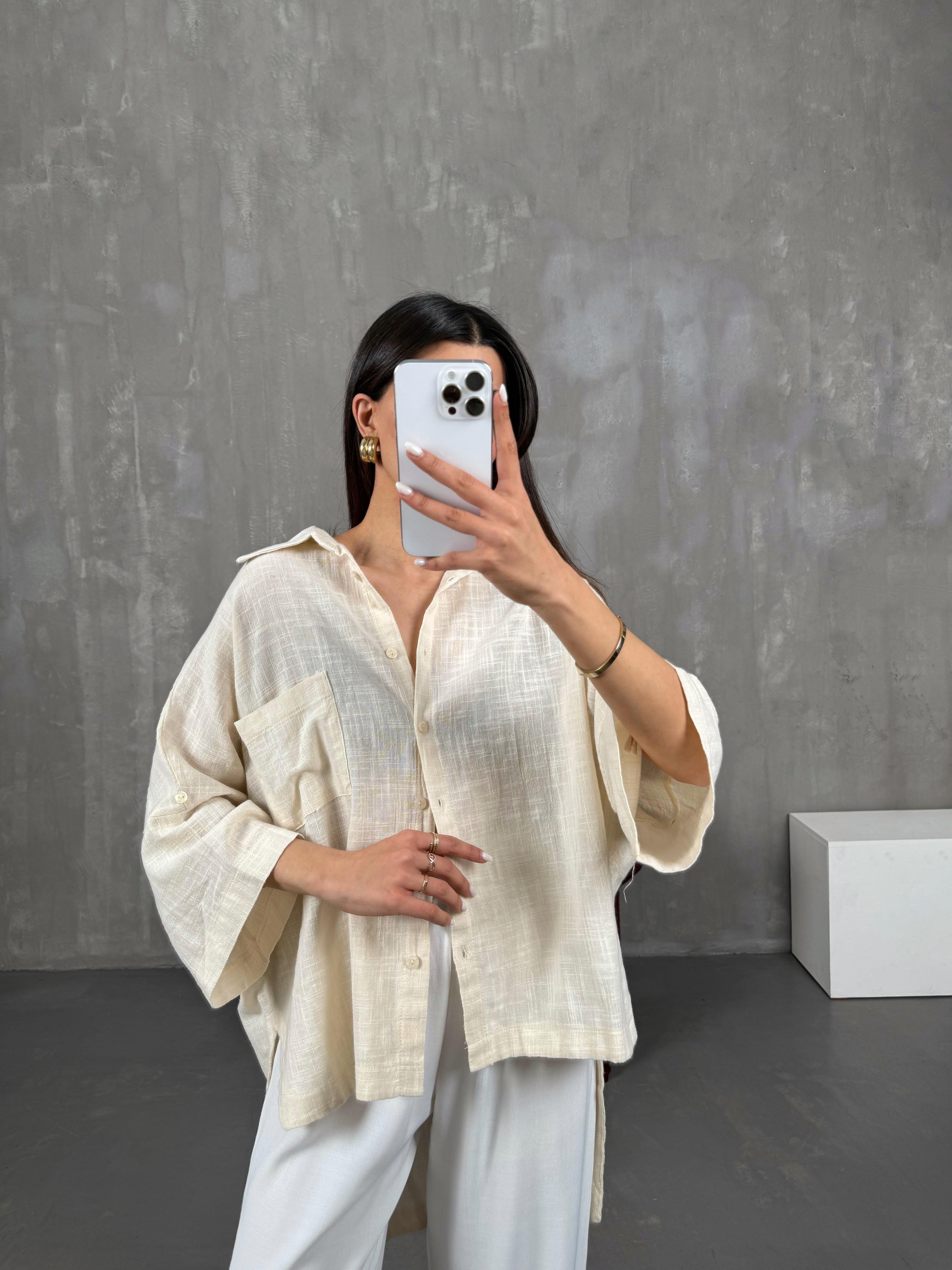 قميص أوفر سايز كتان لون كريمي بأكمام قصيرة Gaus00065