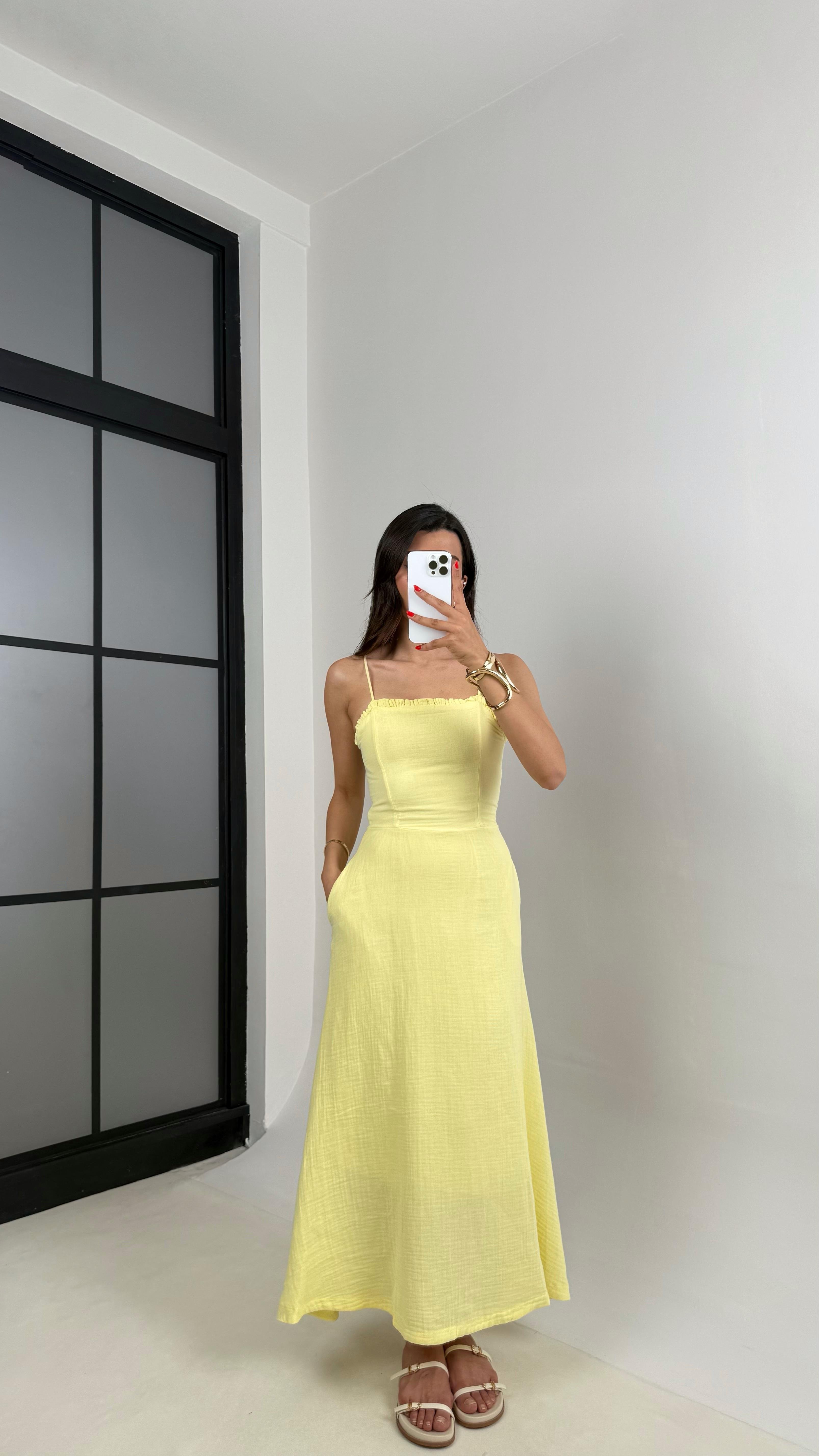 Sarı Ayarlanabilir Askılı Cepli Astarlı Müslin Elbise Gaus00519GausELBİSEGU1002216