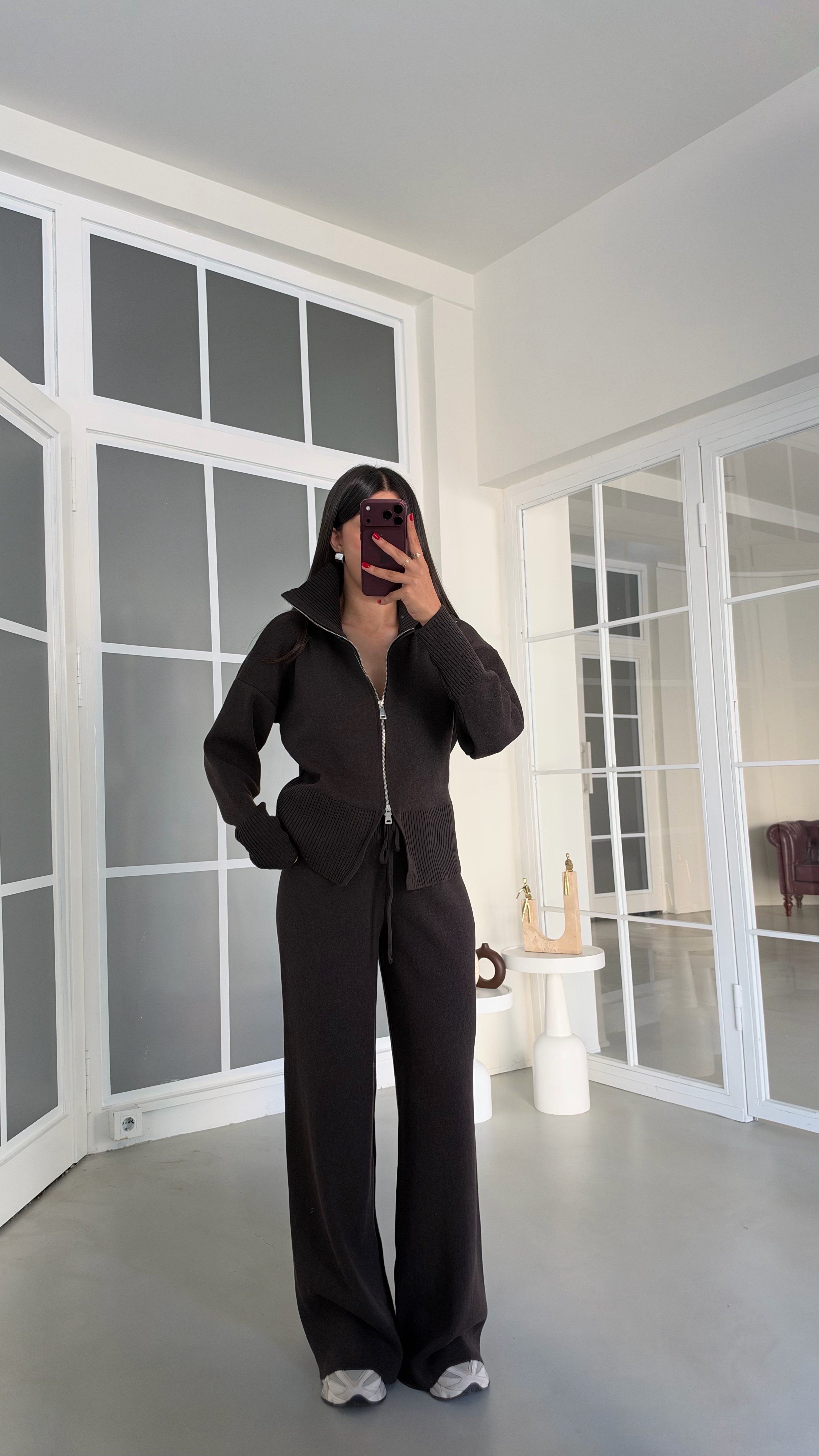 Acı Kahve Çift Fermuarlı Hırka Beli Lastikli Pantolon İkili Triko Takım GAUS-02169GAUSTAKIMGAUS-02169