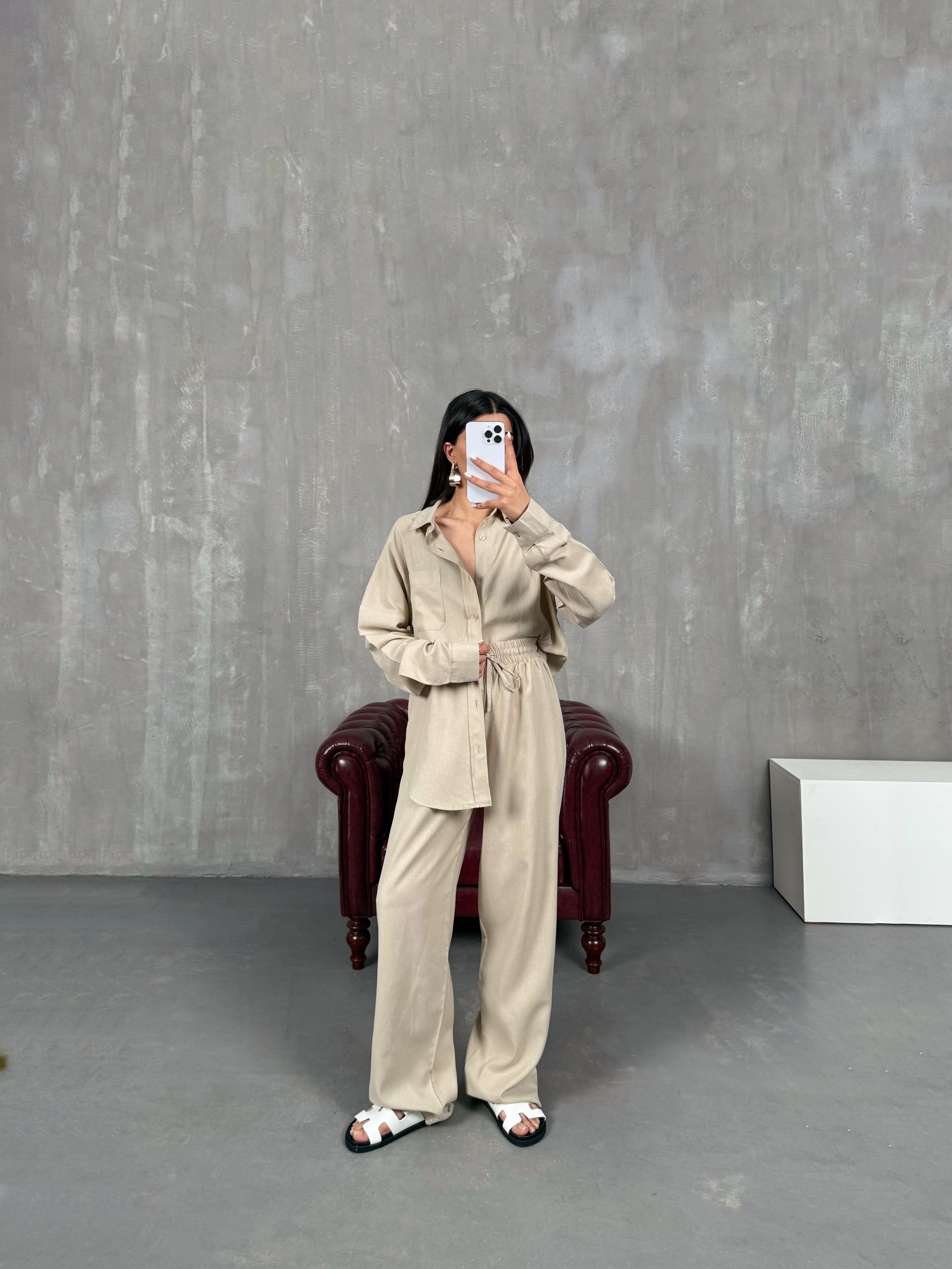 طقم مُعادل كتان لون مينك بنطال قميص Gaus00080