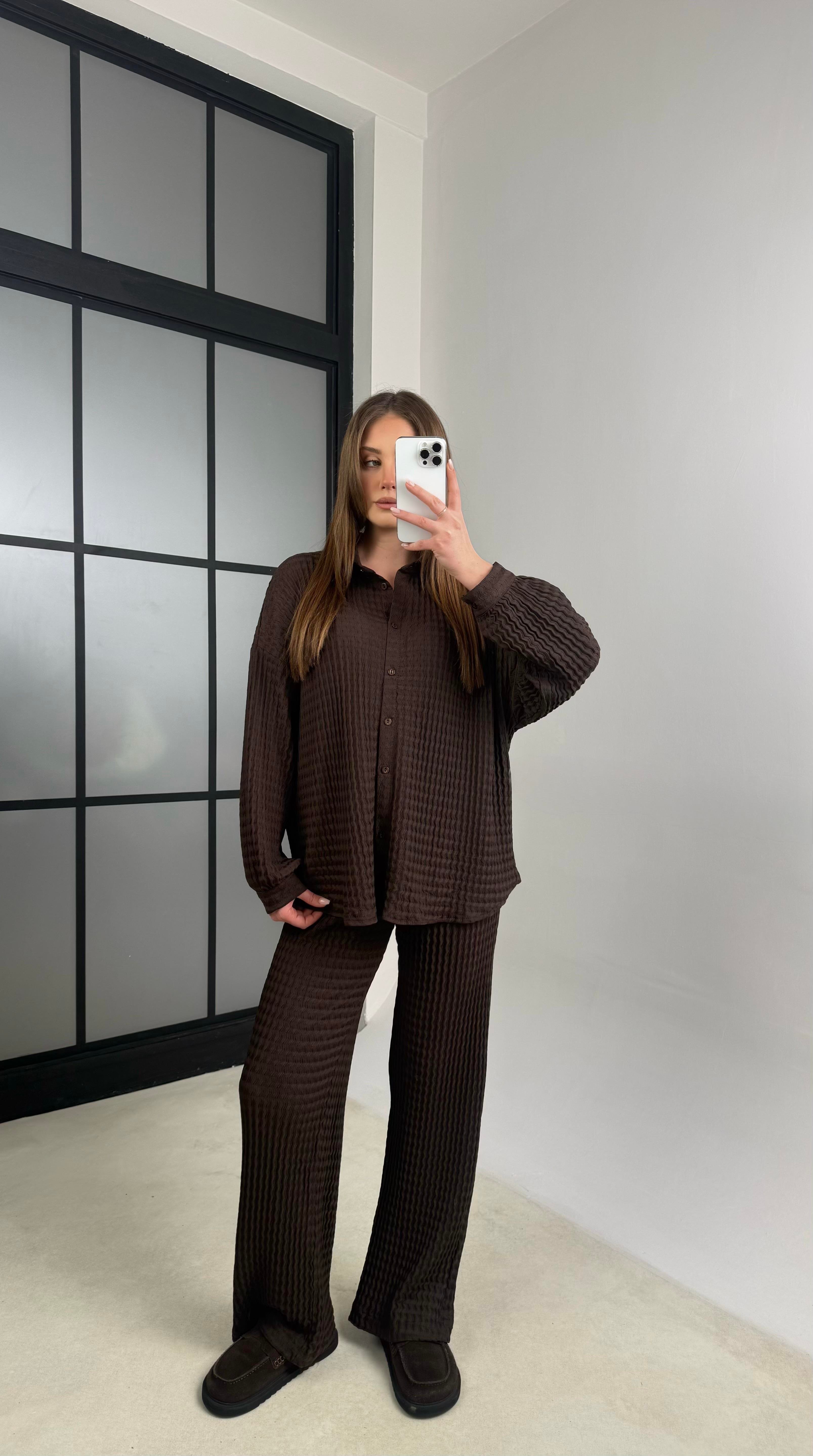 Acı Kahve Gömlek Beli Lastikli Pantolon İkili Bürümcük Takım GAUS-01089GAUSTAKIMGAUS-01089