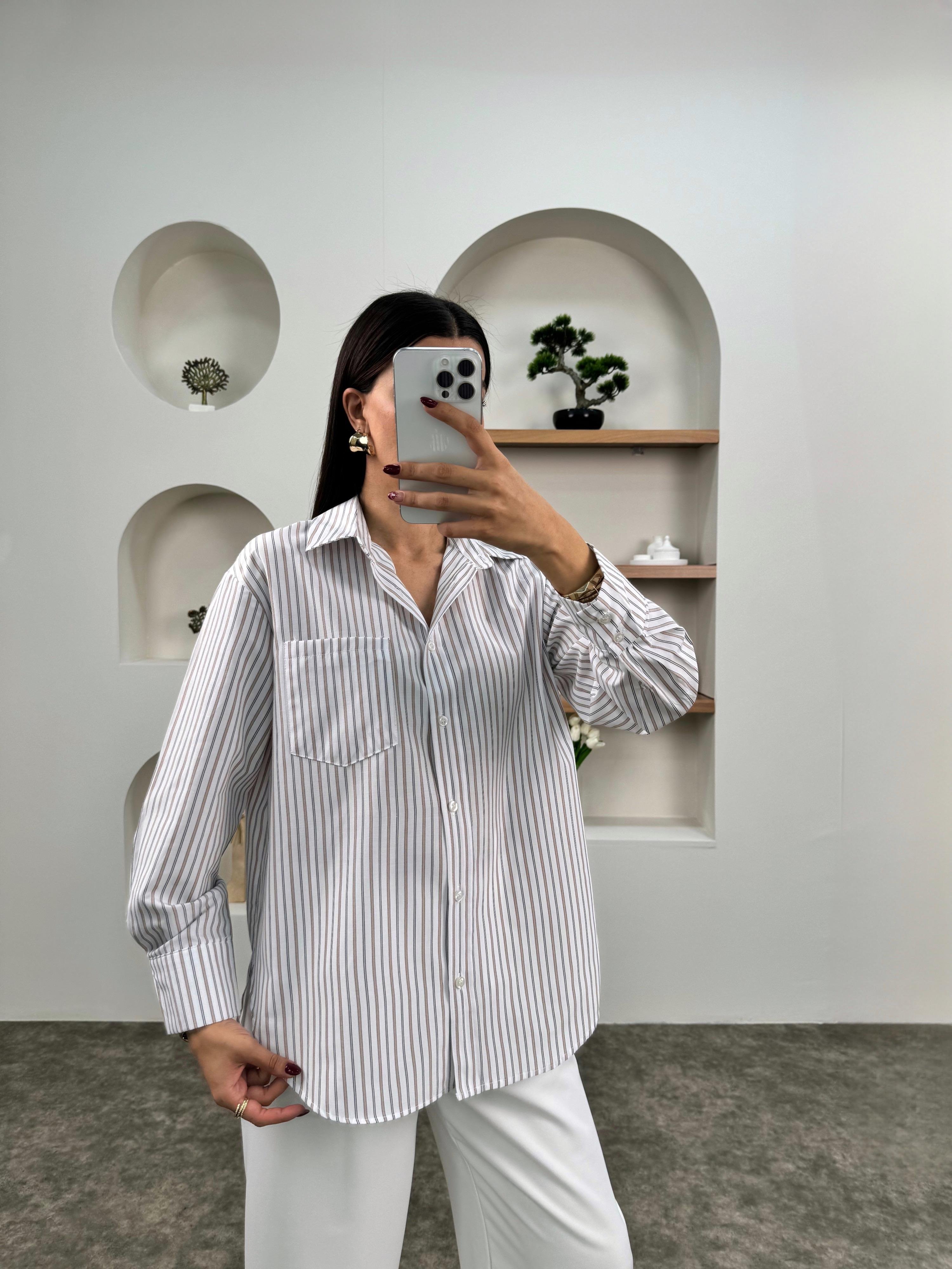 Lita Kahve Çizgili Oversize GömlekGausGÖMLEKGU00903482