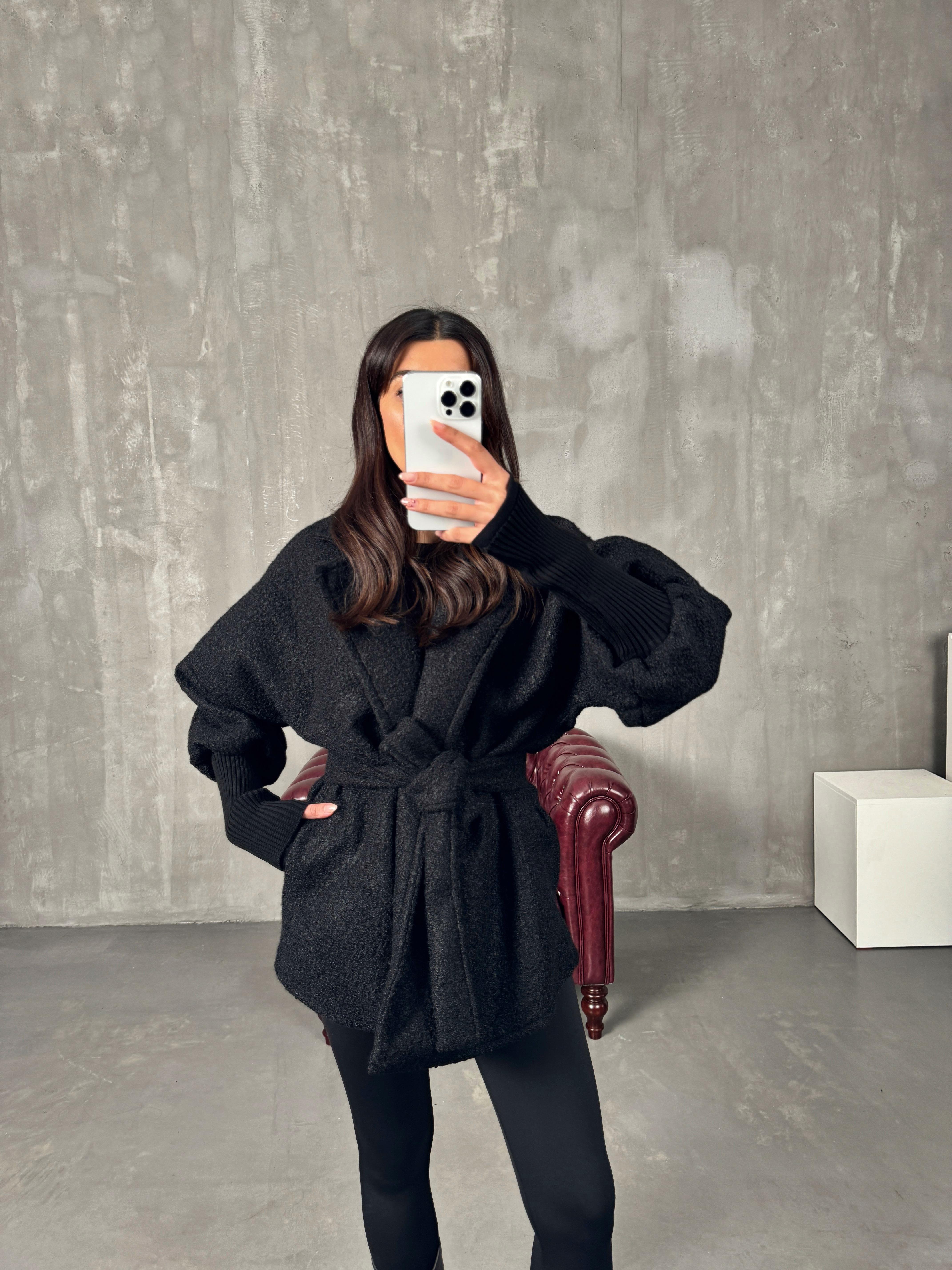 Nairo Siyah Buklet Astarlı Kuşaklı Kaban