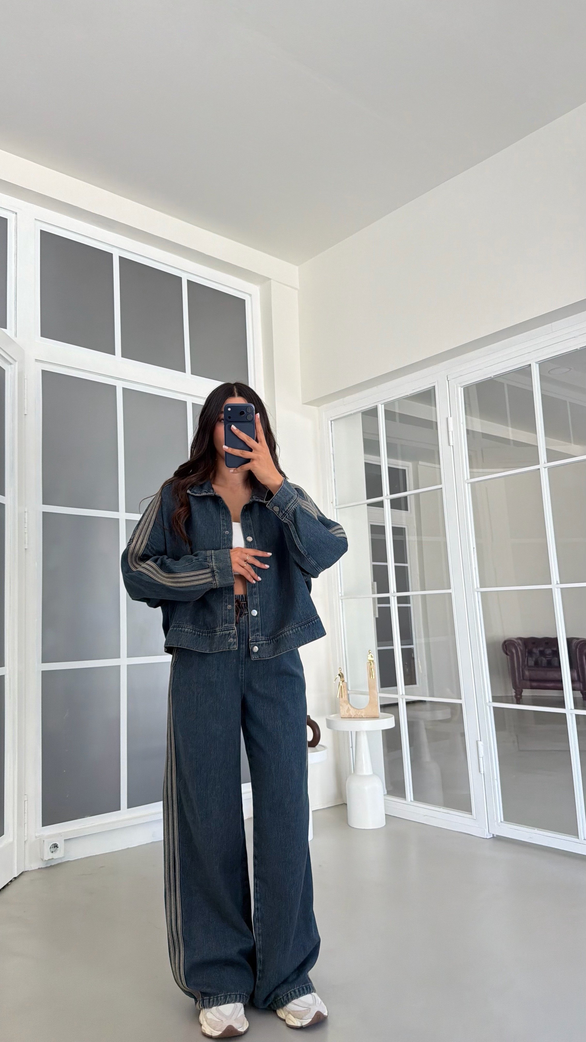 Gri Şerit Detaylı Ceket Beli Lastikli Pantolon İkili Denim Takım GAUS-02094GAUSTAKIMGAUS-02094